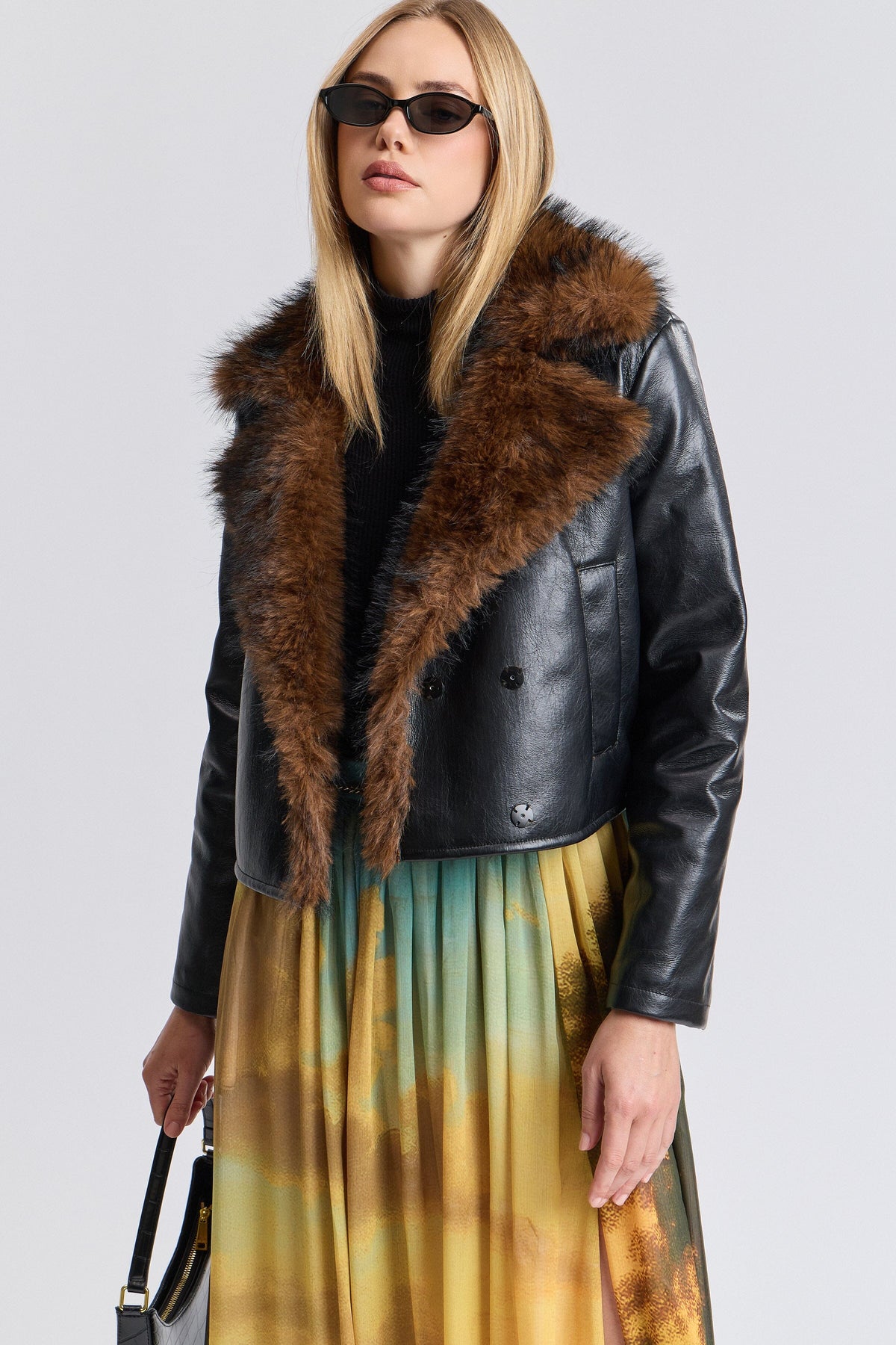 Black cropped faux leather jacket with faux fur trim and snap-front - Shop women's cute jackets by Avec Les Filles.