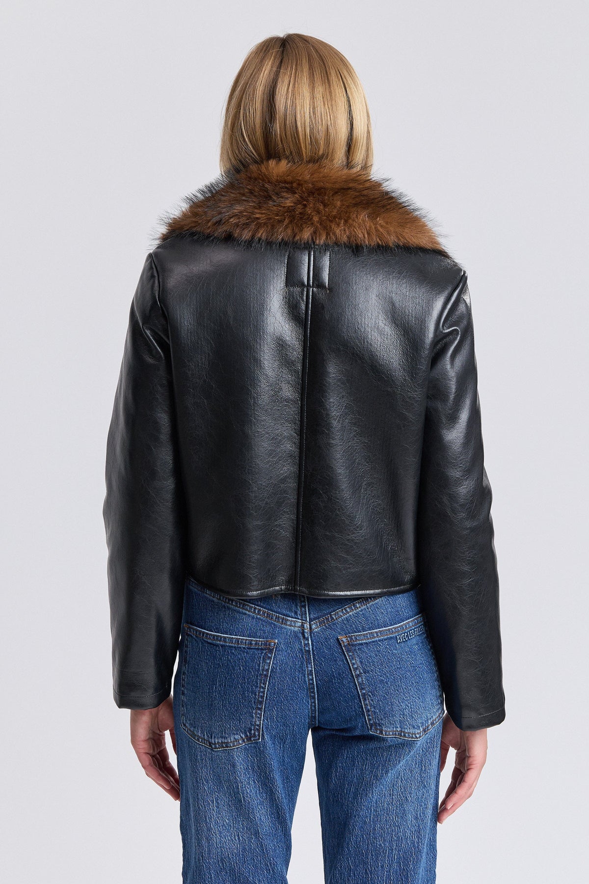 Black cropped faux fur trim leather jacket with long sleeves - Shop women's cute cropped by Avec Les Filles.