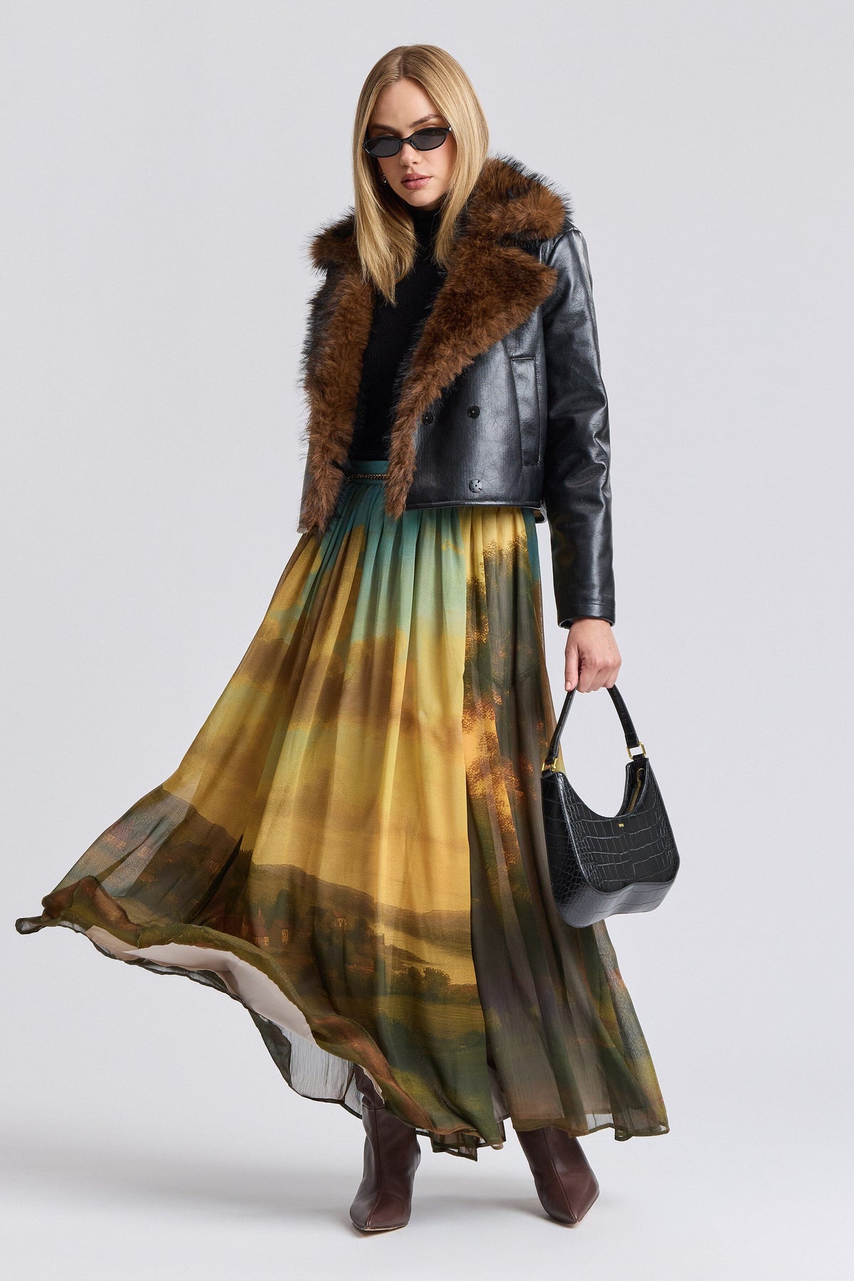 Black cropped jacket with fur trim and long sleeves - Shop women's faux leather jackets by Avec Les Filles.