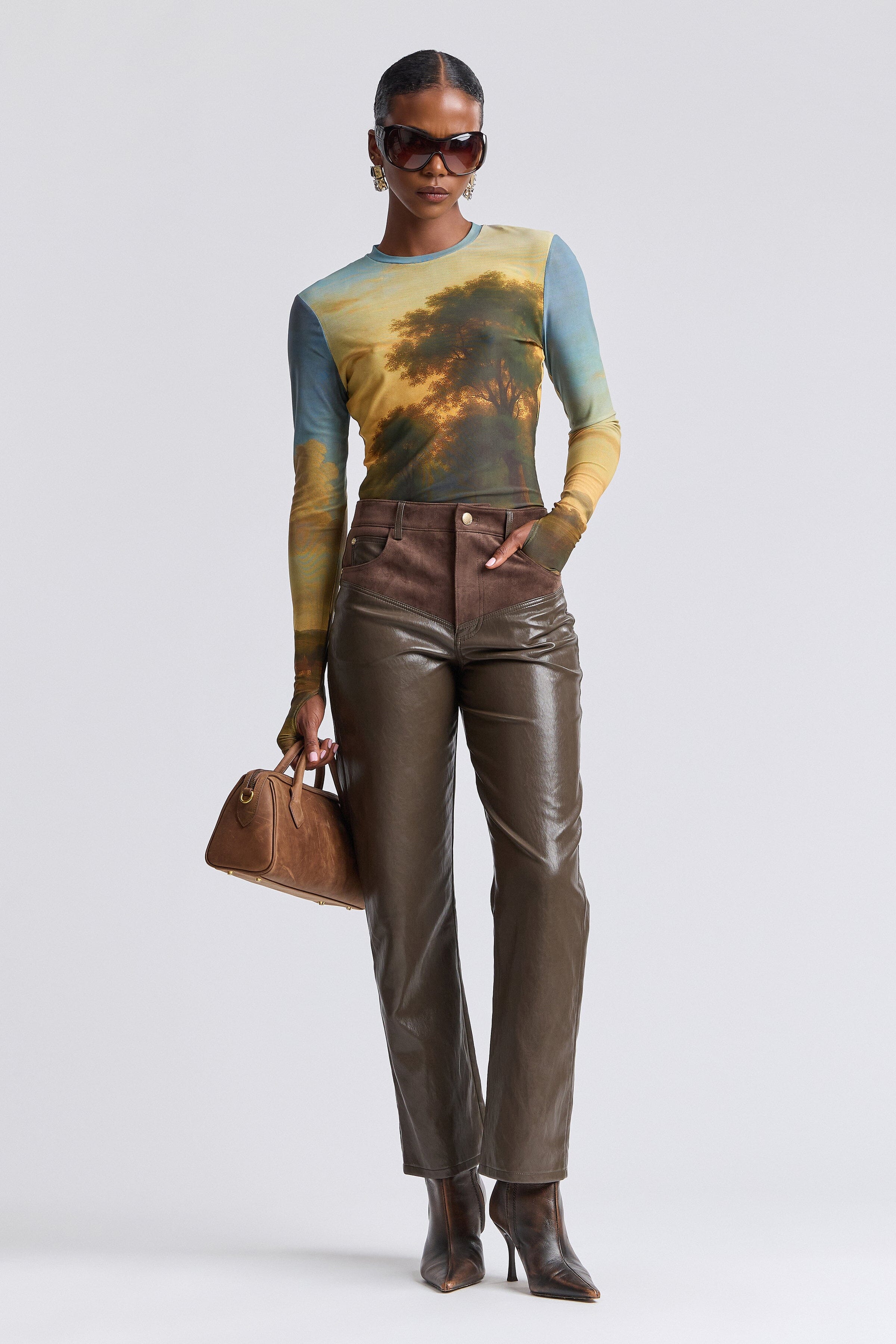 Suede straight-leg faux leather pants with high-rise waist - Shop women's faux leather pants by Avec Les Filles.