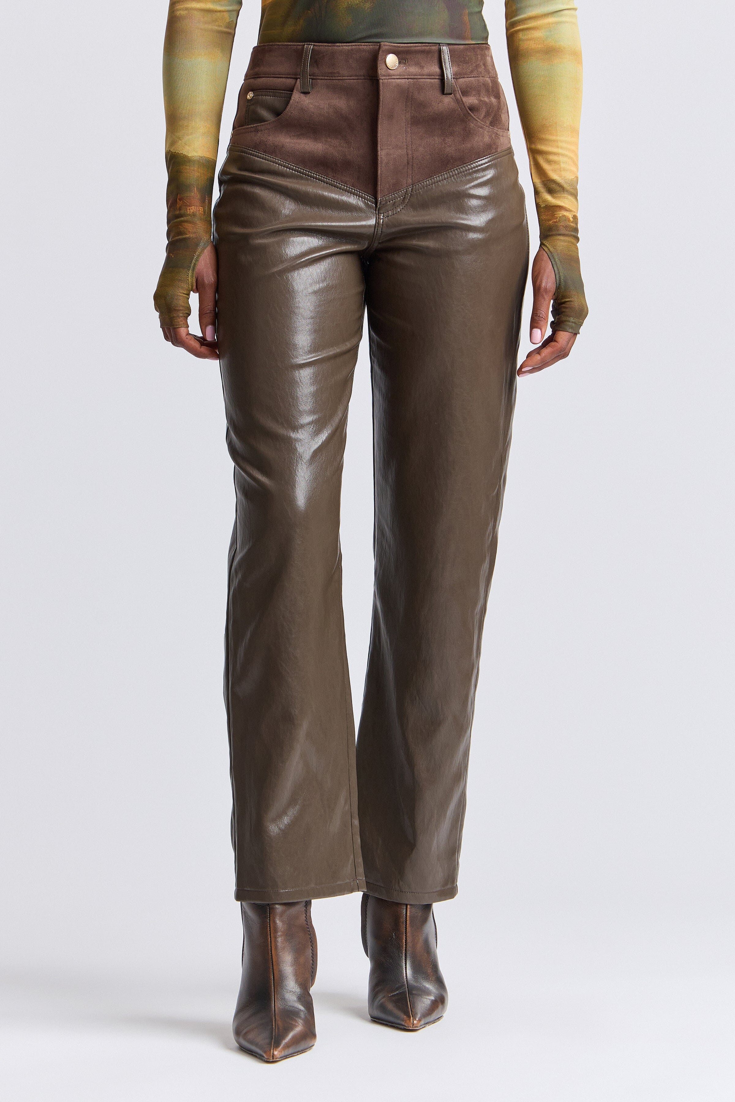 Straight-leg olive faux leather pants with a high-rise waist - Shop womens faux leather pants by Avec Les Filles.