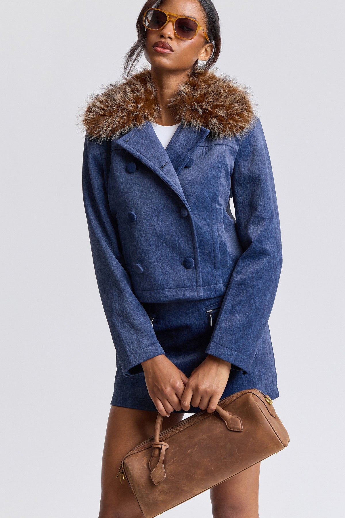 Blue double-breasted faux fur trim jacket with detachable collar - Shop women's jackets by Avec Les Filles.