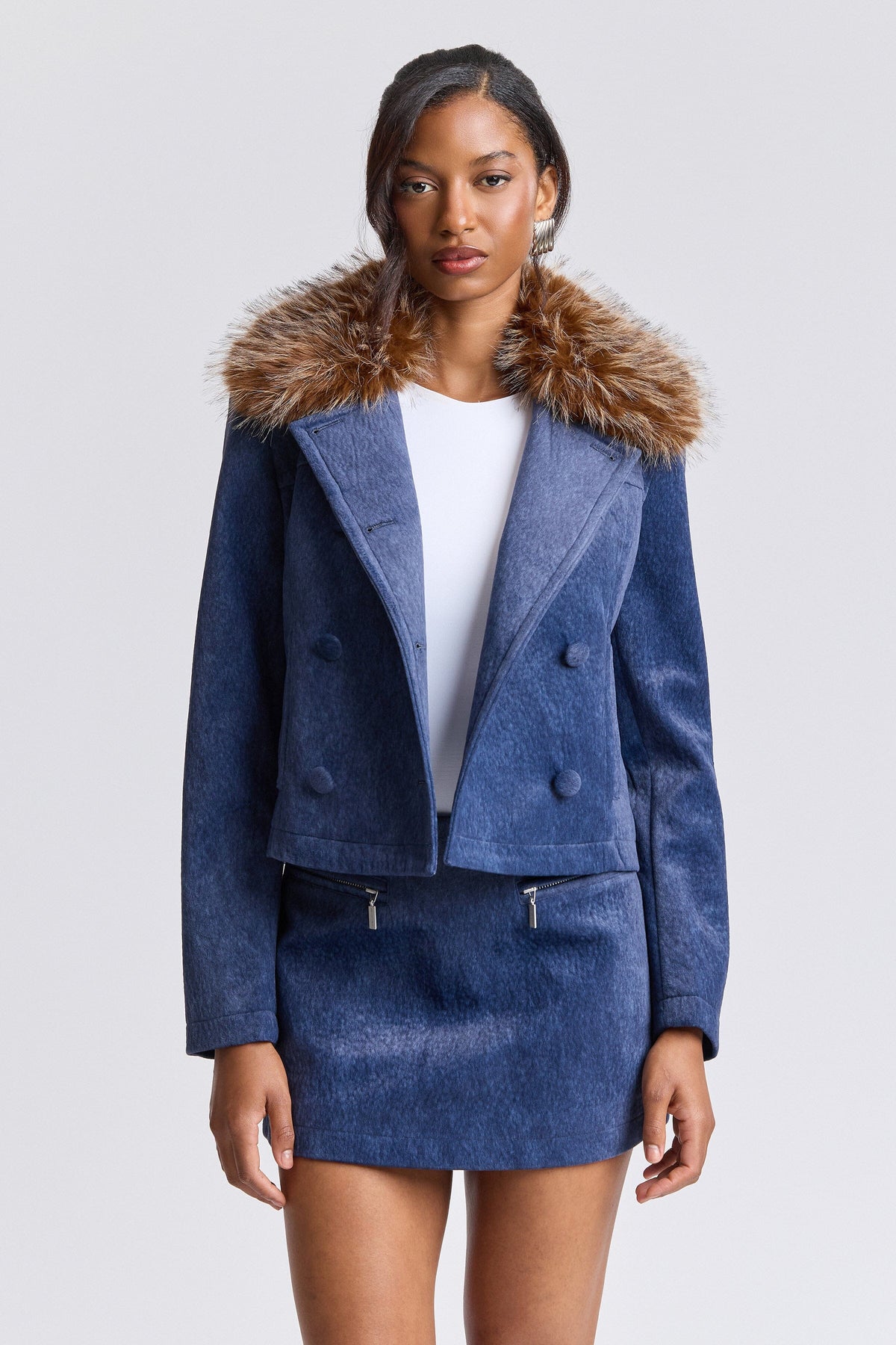 Blue double-breasted faux fur trim coat with detachable collar - Shop women's coat jackets by Avec Les Filles.