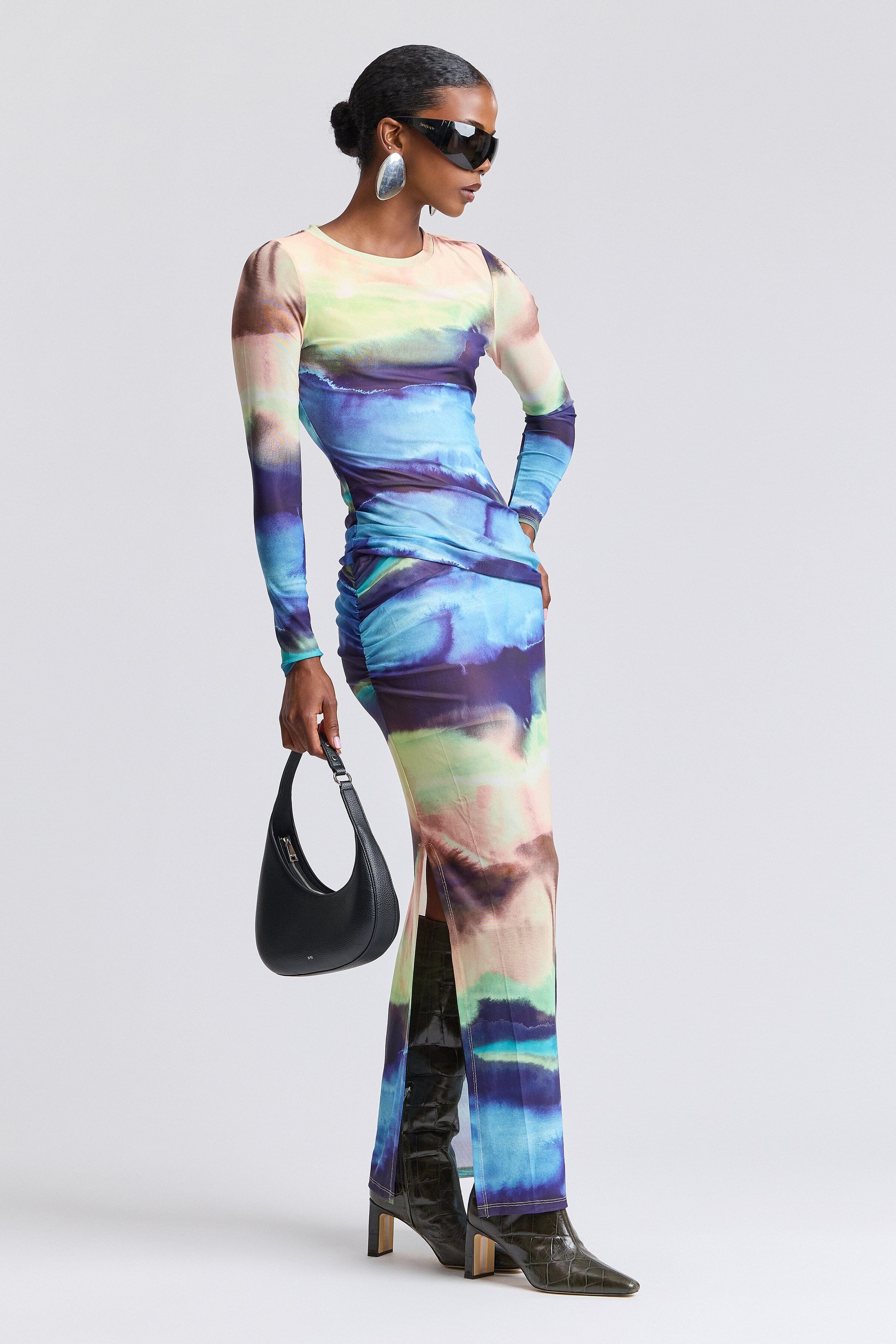Printed mesh fitted dress with crew neck and long sleeves - Shop women's cute maxi dresses by Avec Les Filles.