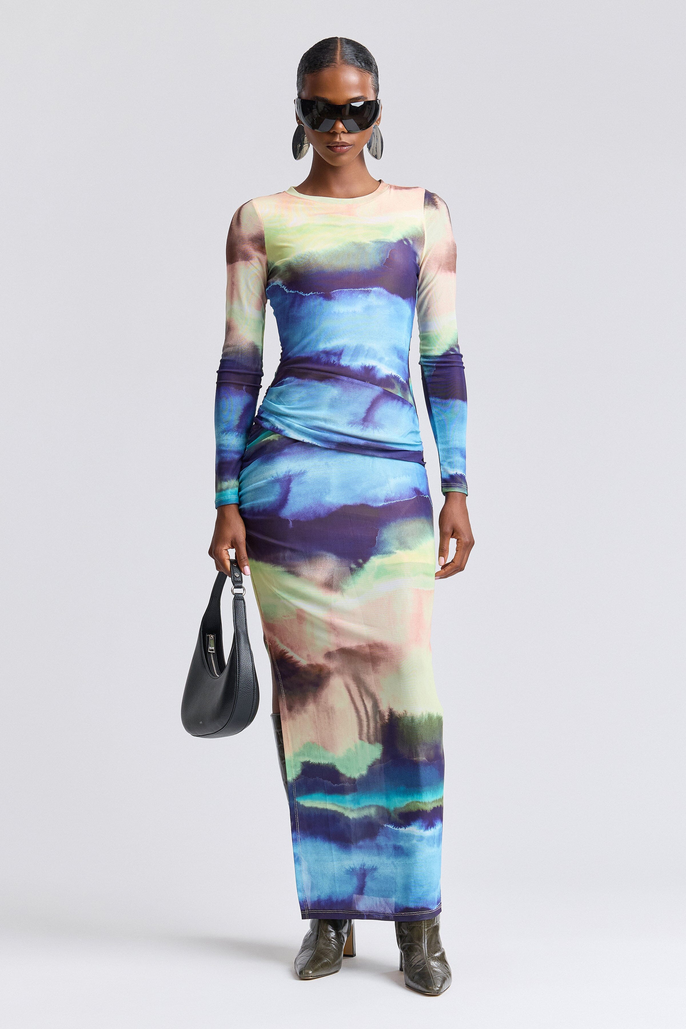 Printed colorful mesh dress with crew neck and long sleeves - Shop women's maxi dresses by Avec Les Filles.