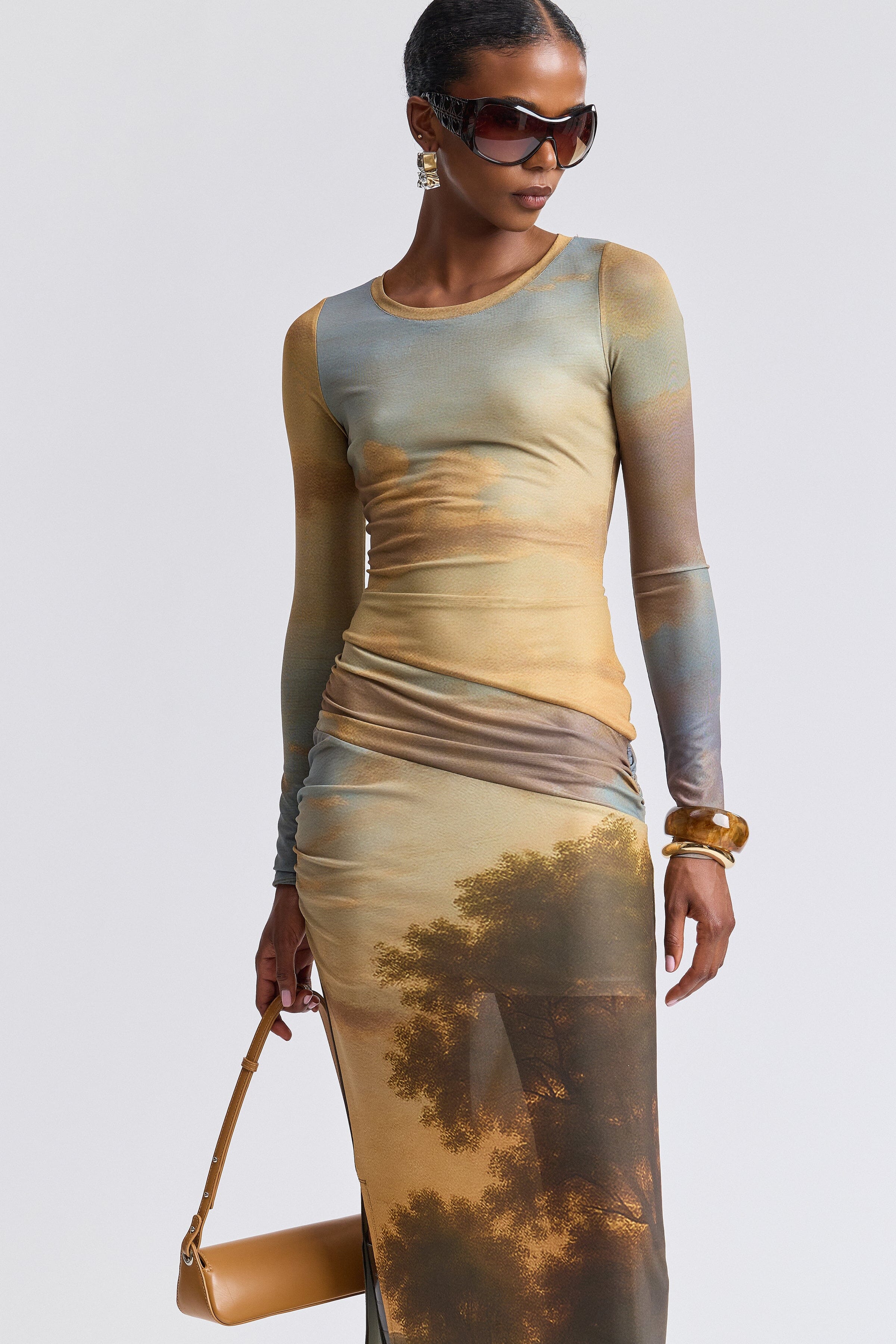 Multicolor printed mesh dress with round neck and long sleeves - Shop women's cute maxi dresses by Avec Les Filles.