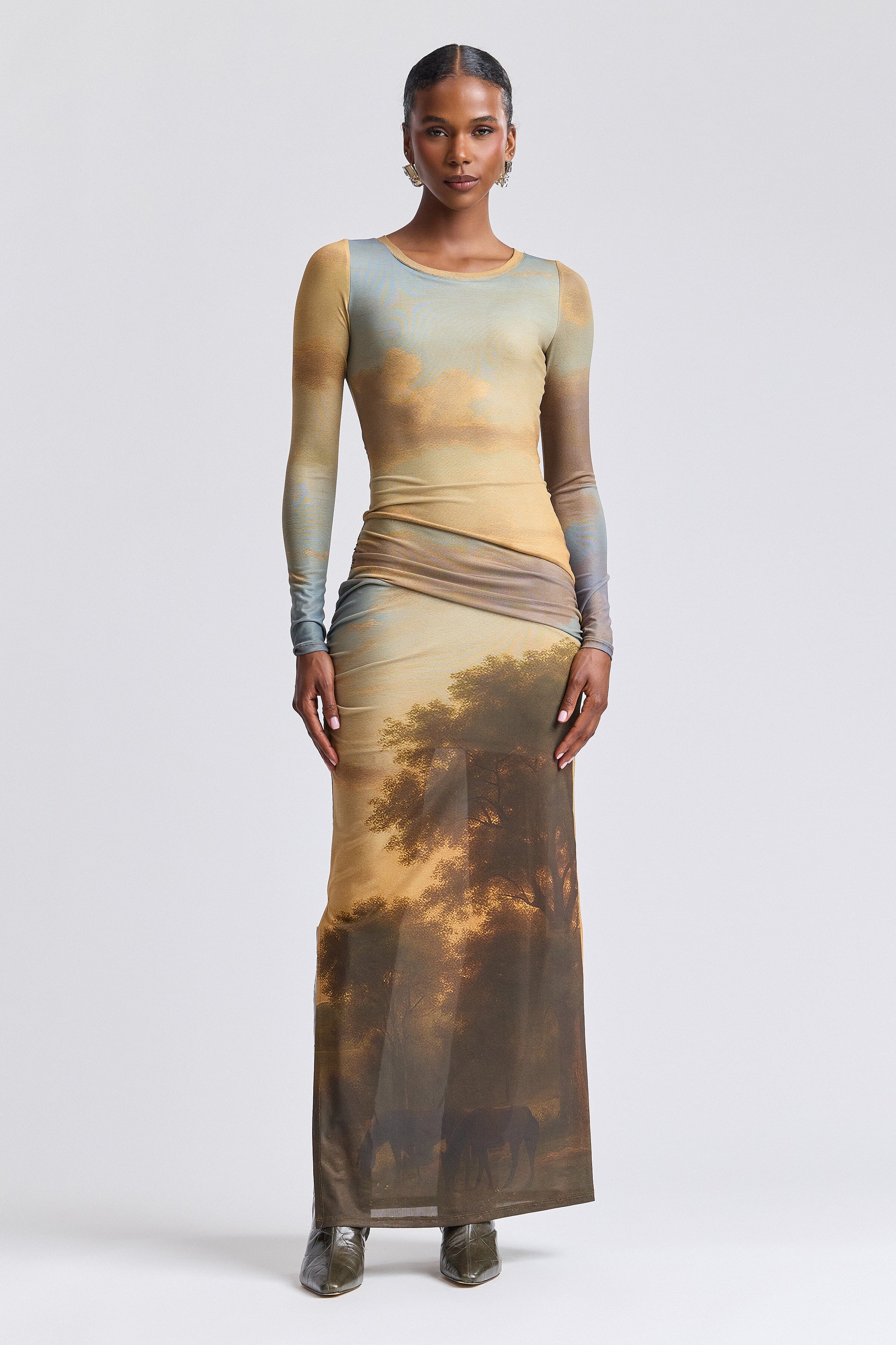 Mesh printed maxi dress with round neck and long sleeves - Shop women's maxi dresses by Avec Les Filles.