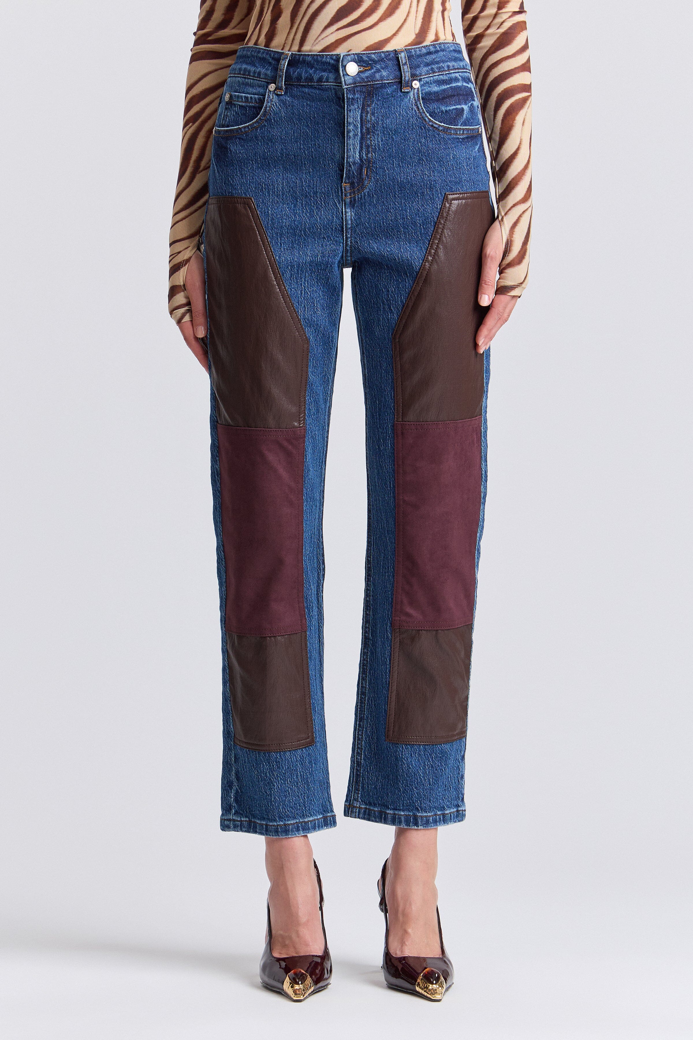 Indigo blue cropped denim carpenter pant womens with high-rise waist - Shop designer denim jeans by Avec Les Filles.