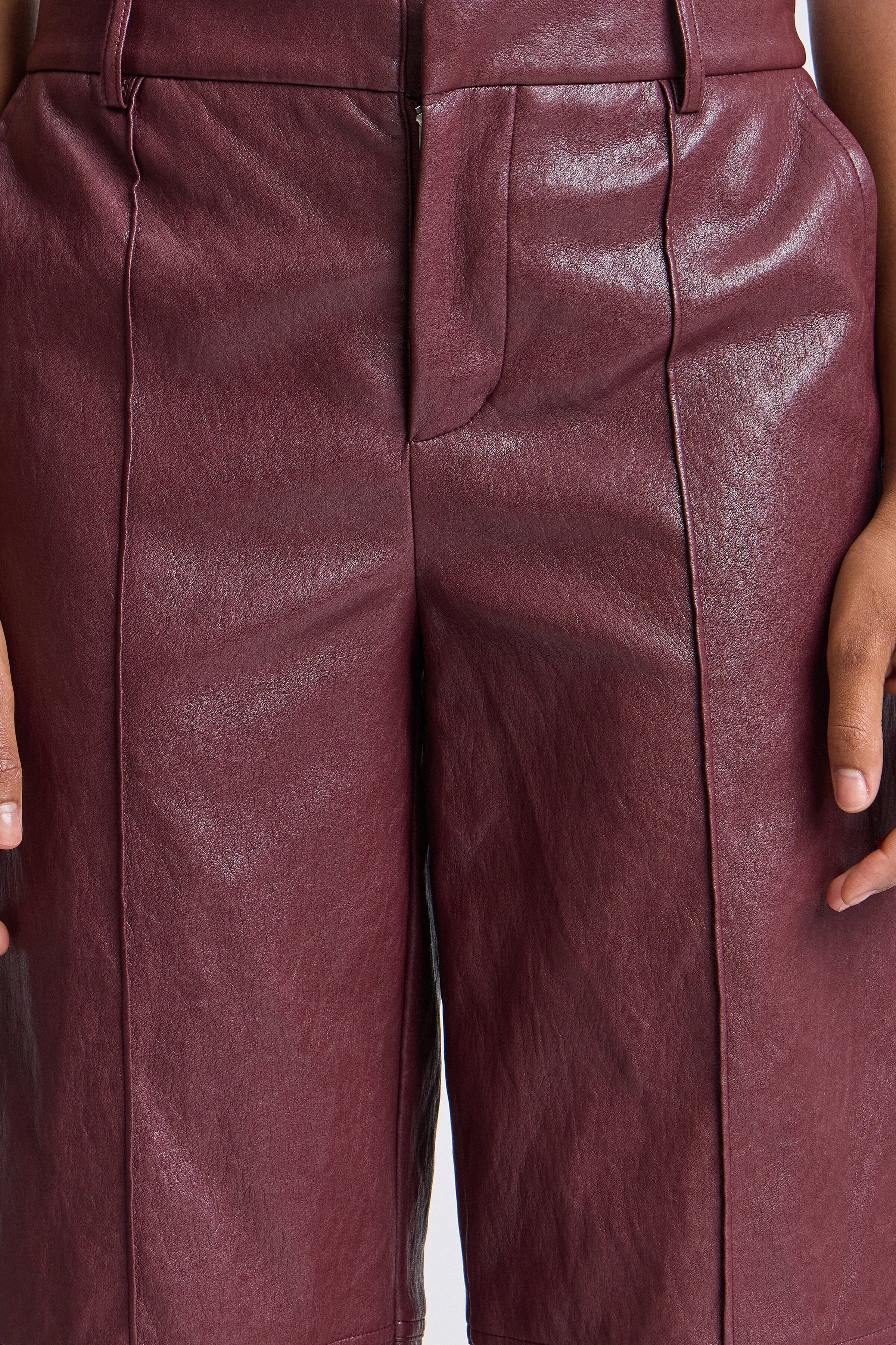 Deep burgundy faux leather wide leg culottes - Shop designer women's culottes pants by Avec Les Filles.