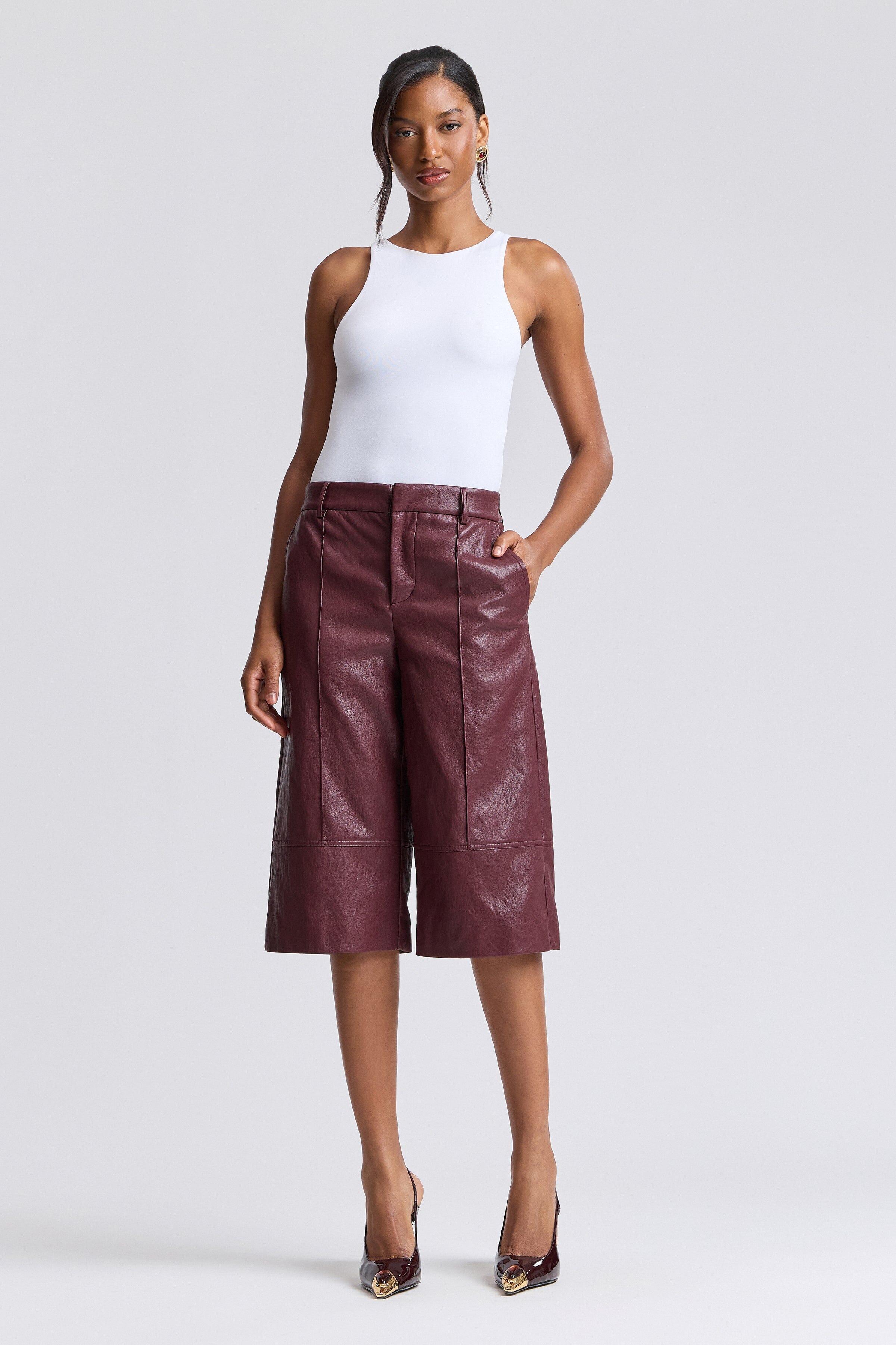 Wide-leg deep burgundy faux leather culottes have a high waist - Shop cute culottes shorts by Avec Les Filles.