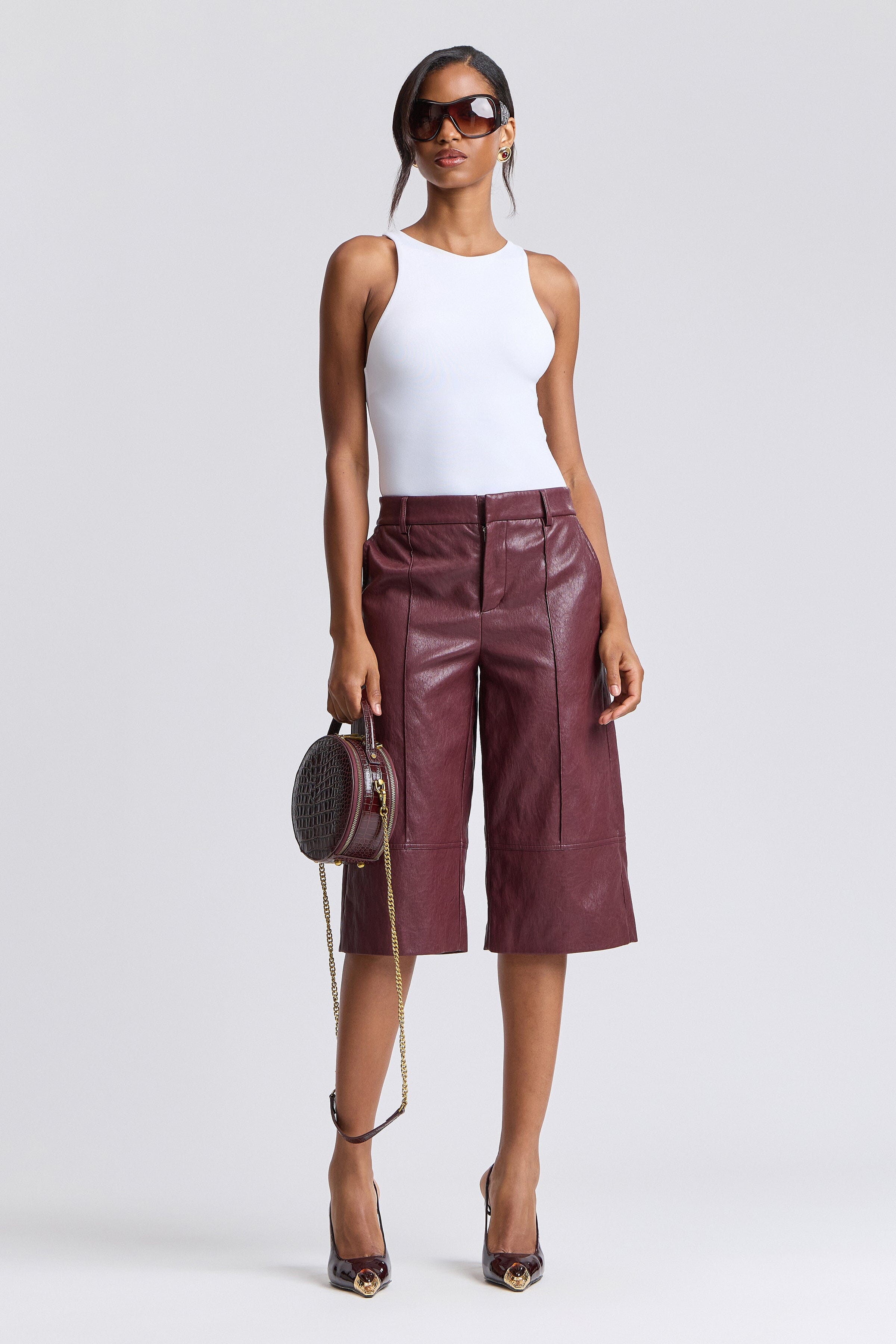 Wide-leg wine faux leather culottes with a high waist - Shop designer womens red shorts by Avec Les Filles.
