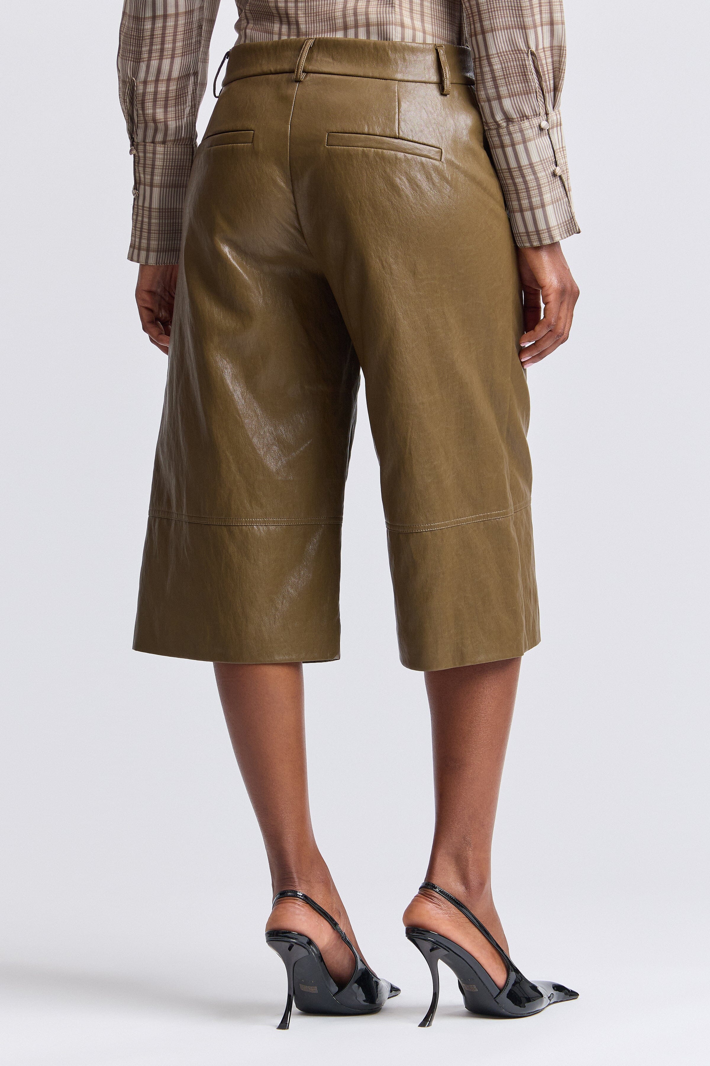 Olive green faux leather wide leg culottes with a tailored waistband - Shop cute culottes pants by Avec Les Filles.