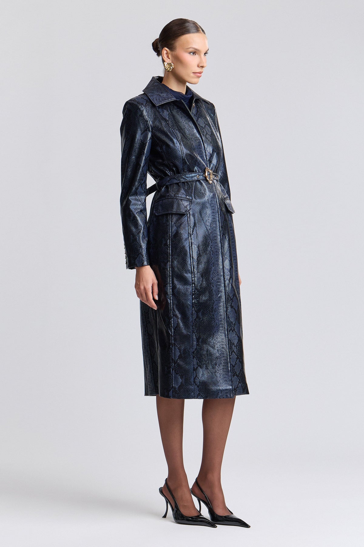 Navy blue trench coat faux leather with long sleeves and belt - Shop women's cute trench coats by Avec Les Filles.