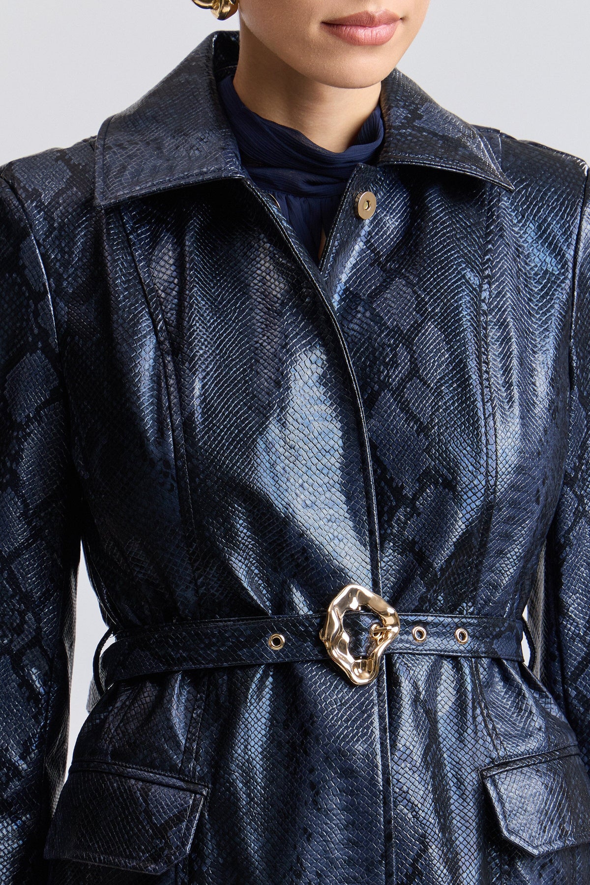 Navy blue faux leather trench coat with point shirt collar and belt - Shop cute trench coats by Avec Les Filles.