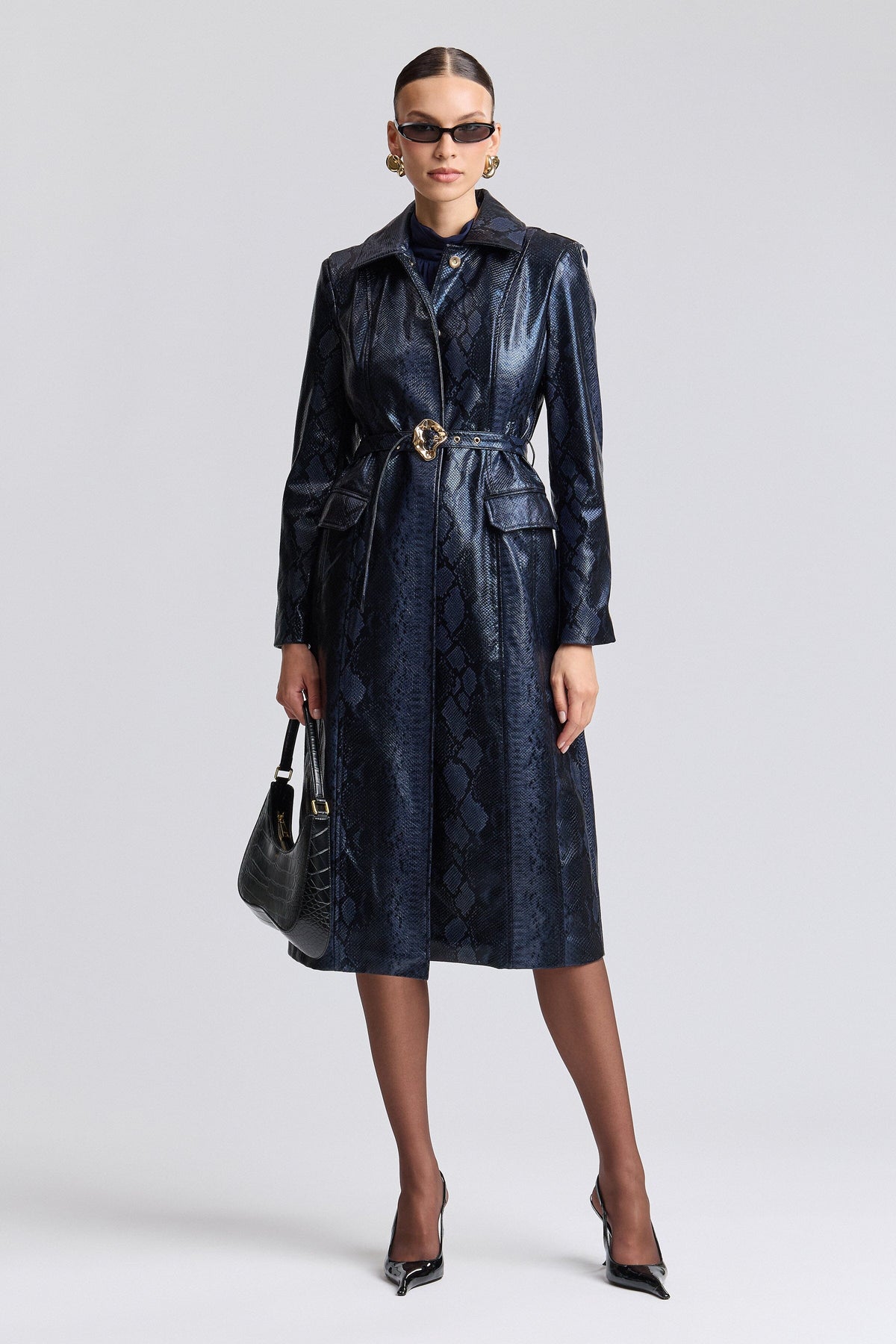 Navy blue snakeskin trench coat with long sleeves and a belt - Shop cute trench coats by Avec Les Filles.