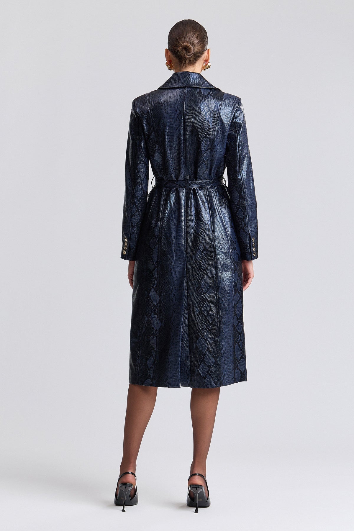 Navy blue faux leather trench coat womens with long sleeves - Shop designer trench coats by Avec Les Filles.