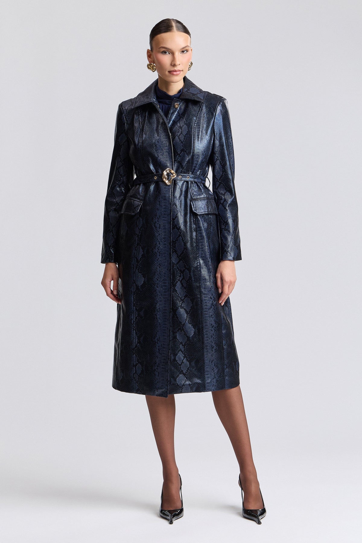 Navy blue snake skin coats with point shirt collar and belt - Shop women's cute trench coats by Avec Les Filles.