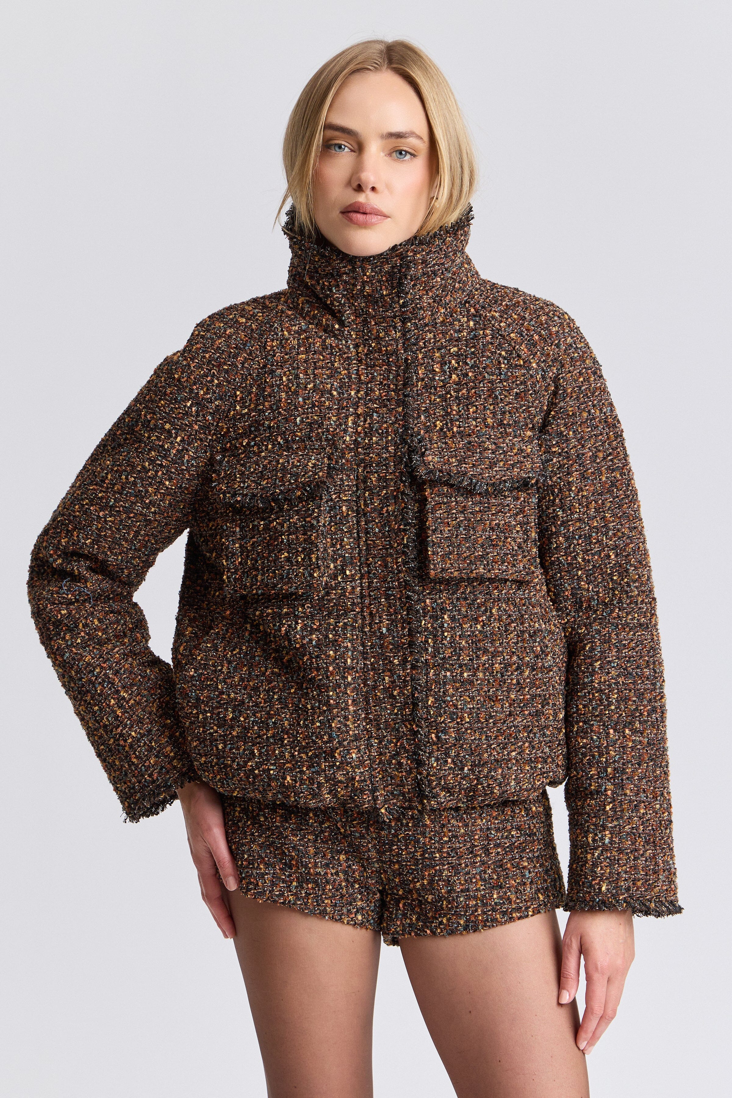 Cropped tweed brown puffer jacket with long sleeves - Shop women's cropped jackets by Avec Les Filles.