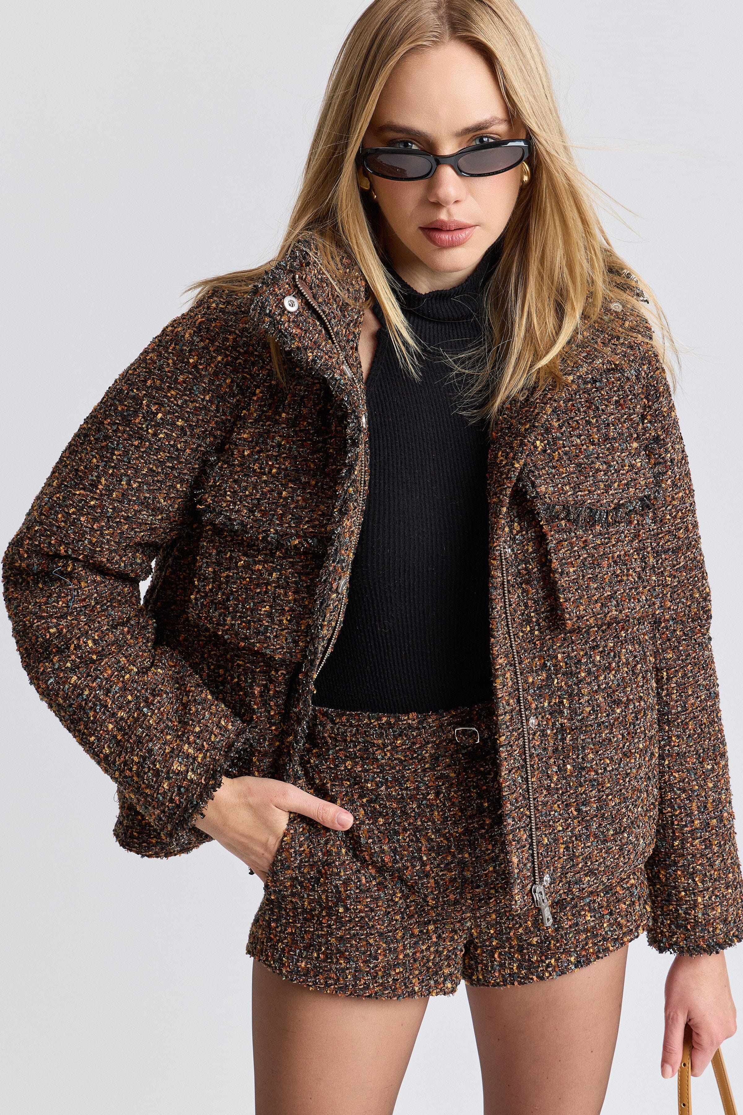 Cropped brown tweed winter jacket with long sleeves - Shop women's cropped jackets by Avec Les Filles.