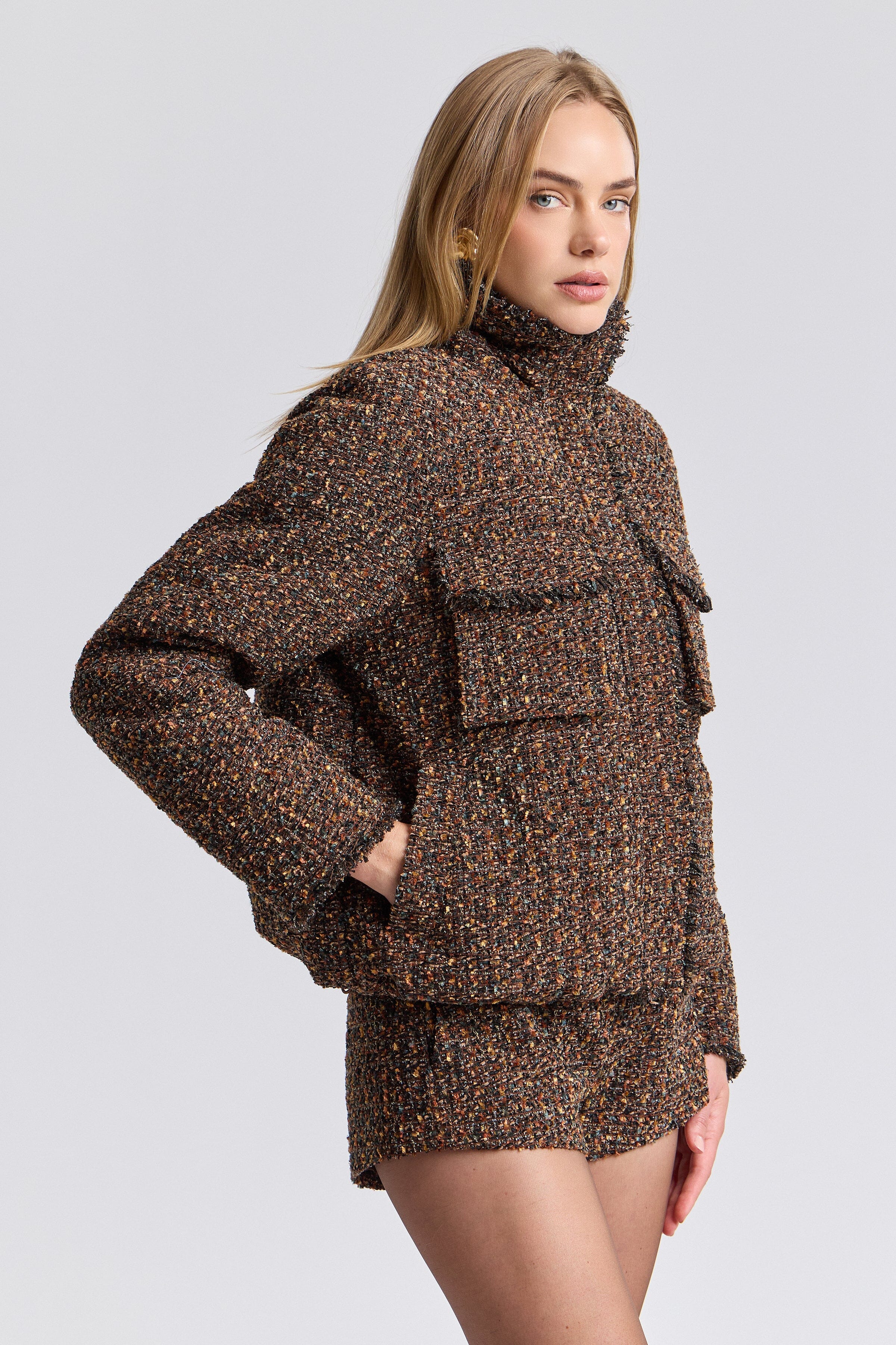 Tweed puffer cropped jacket brown with long sleeves - Shop women's cropped jackets by Avec Les Filles.