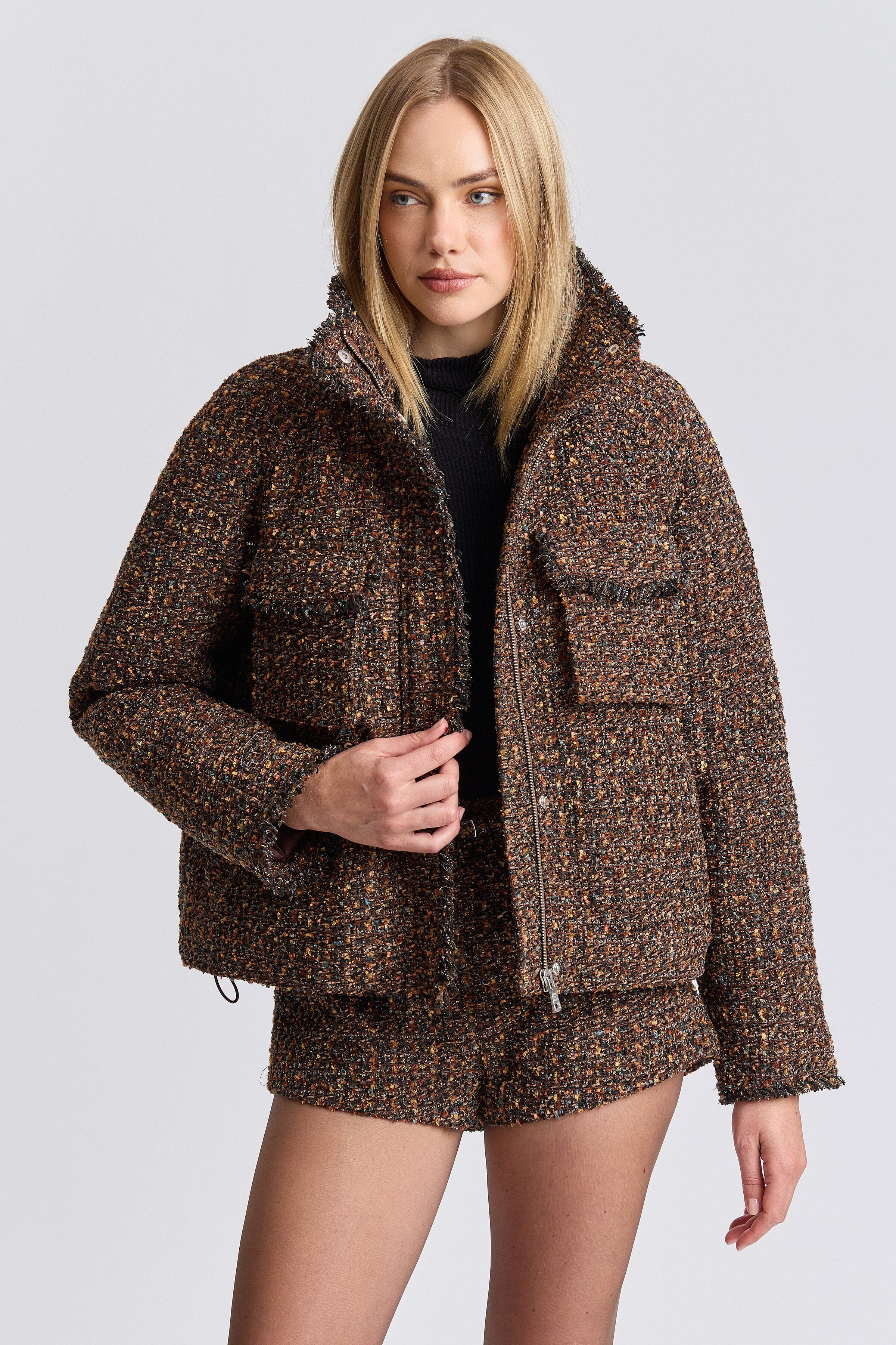Cropped brown tweed puffer jacket with long sleeves - Shop women's cropped jackets by Avec Les Filles.