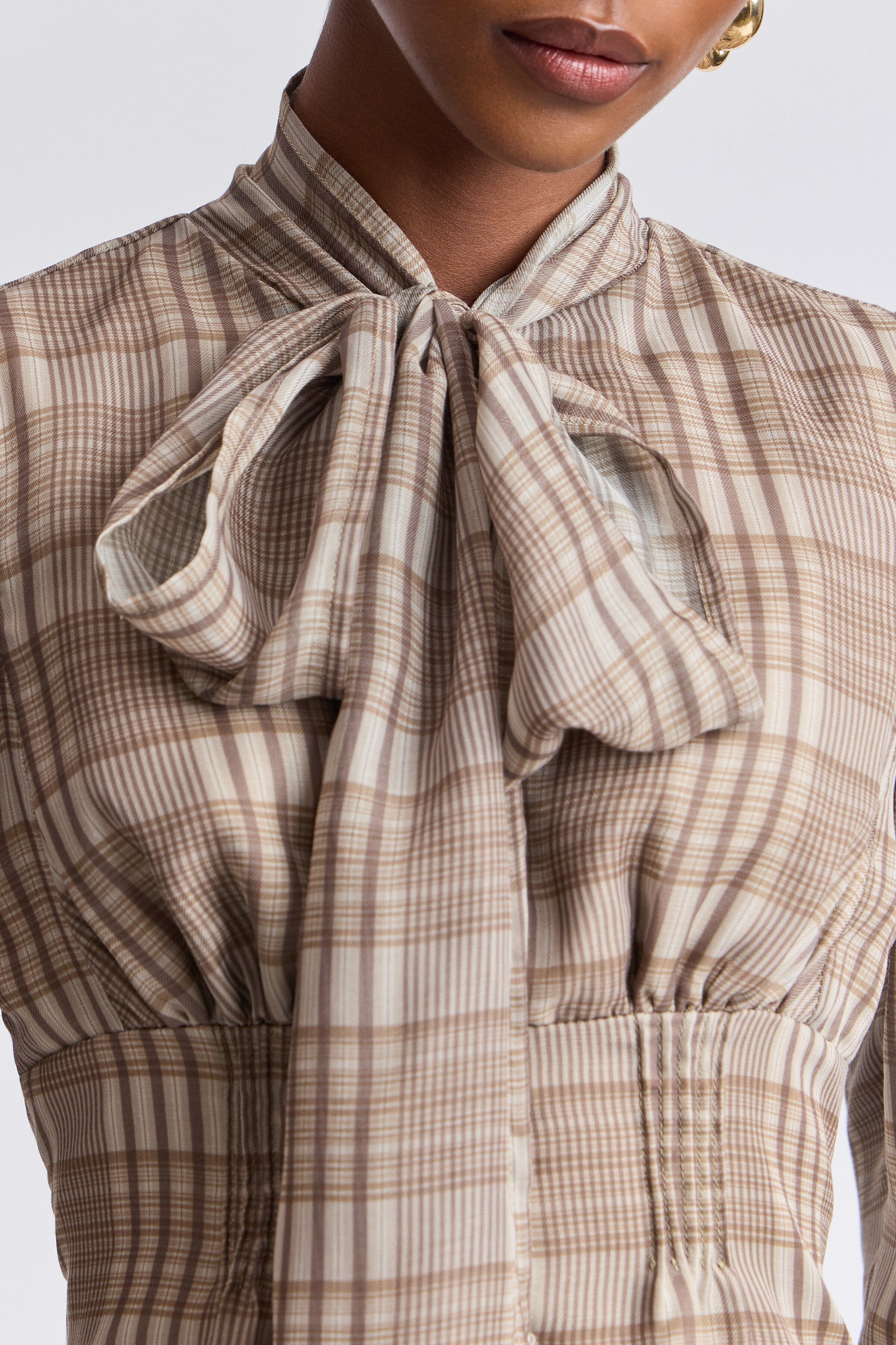 Tie-neck brown plaid blouse with scarf neckline - Shop designer plaid blouses for women by Avec Les Filles.
