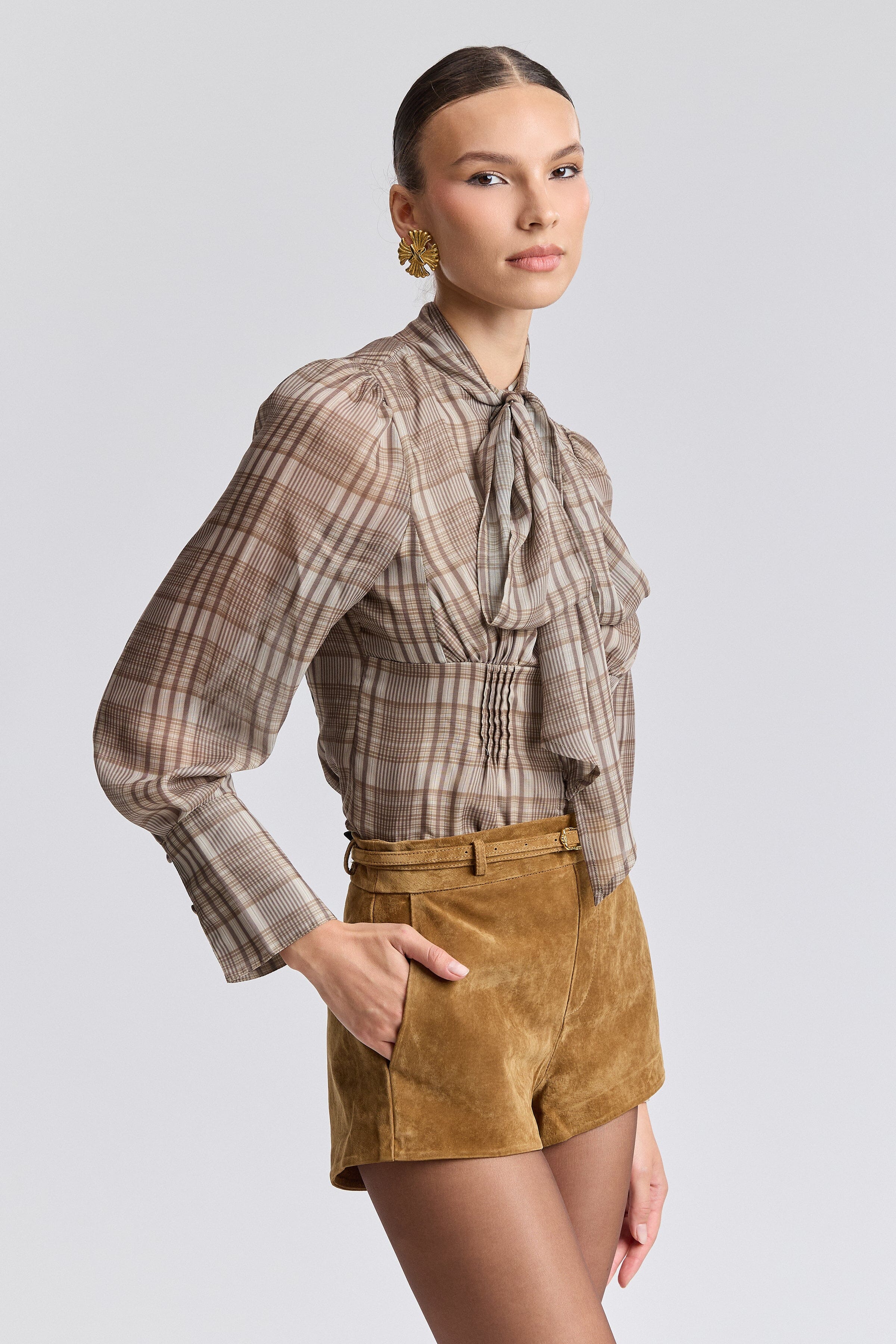 Brown plaid top womens with scarf neckline and long puff sleeves - Shop designer plaid tops by Avec Les Filles.
