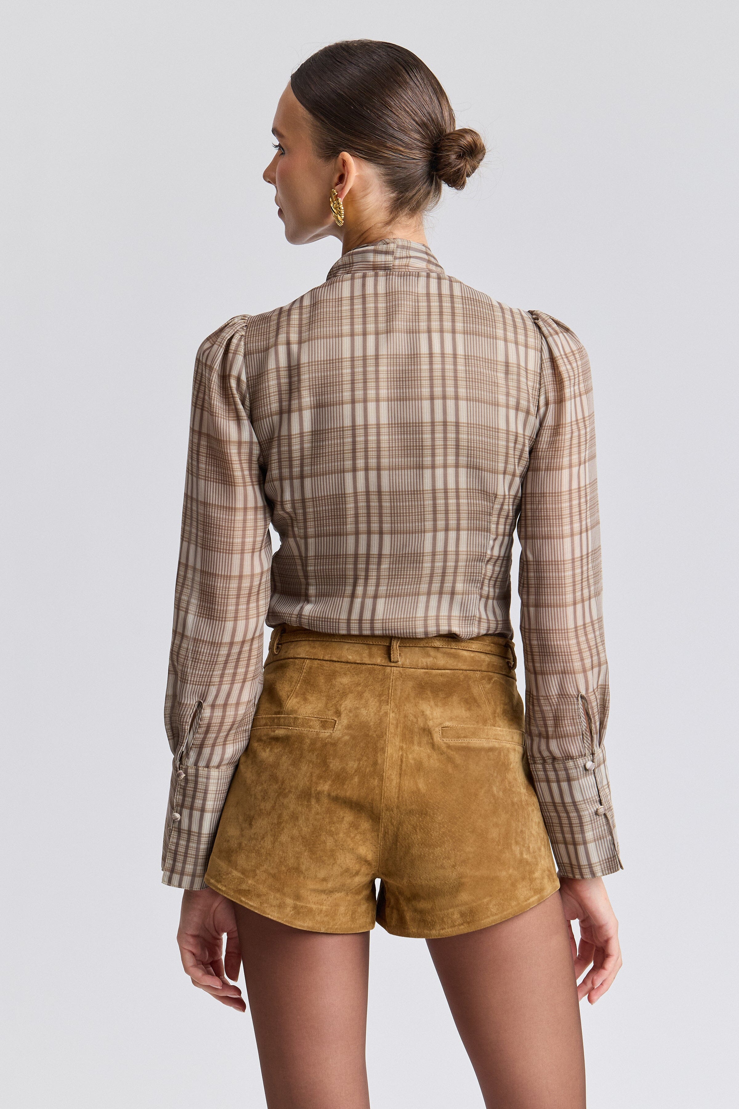 Brown plaid dressy blouse with long puff sleeves - Shop designer women's cute plaid blouse tops by Avec Les Filles.
