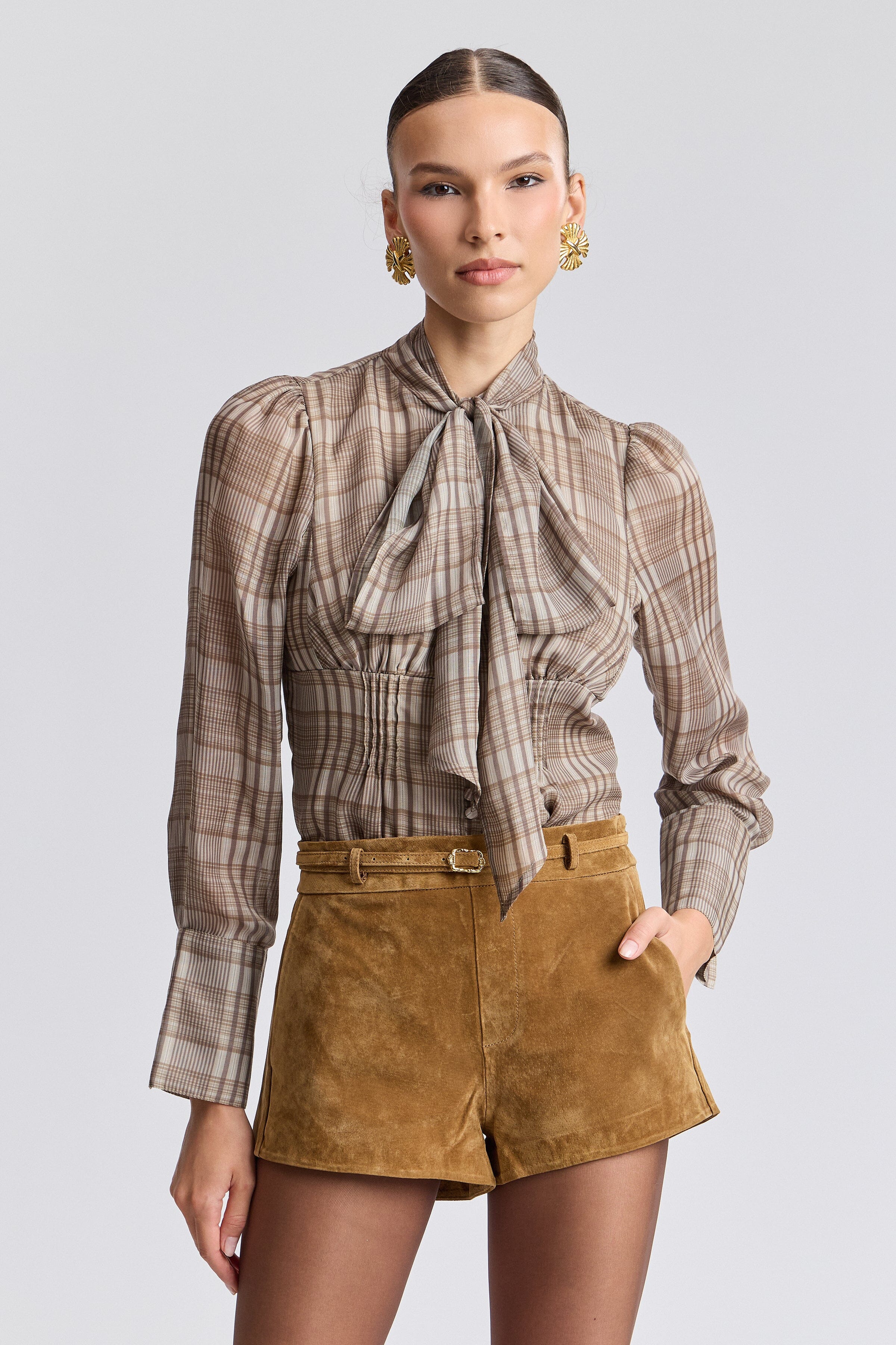 Tie-neck brown plaid blouse with scarf neck and long puff sleeves - Shop women's blouse tops by Avec Les Filles.
