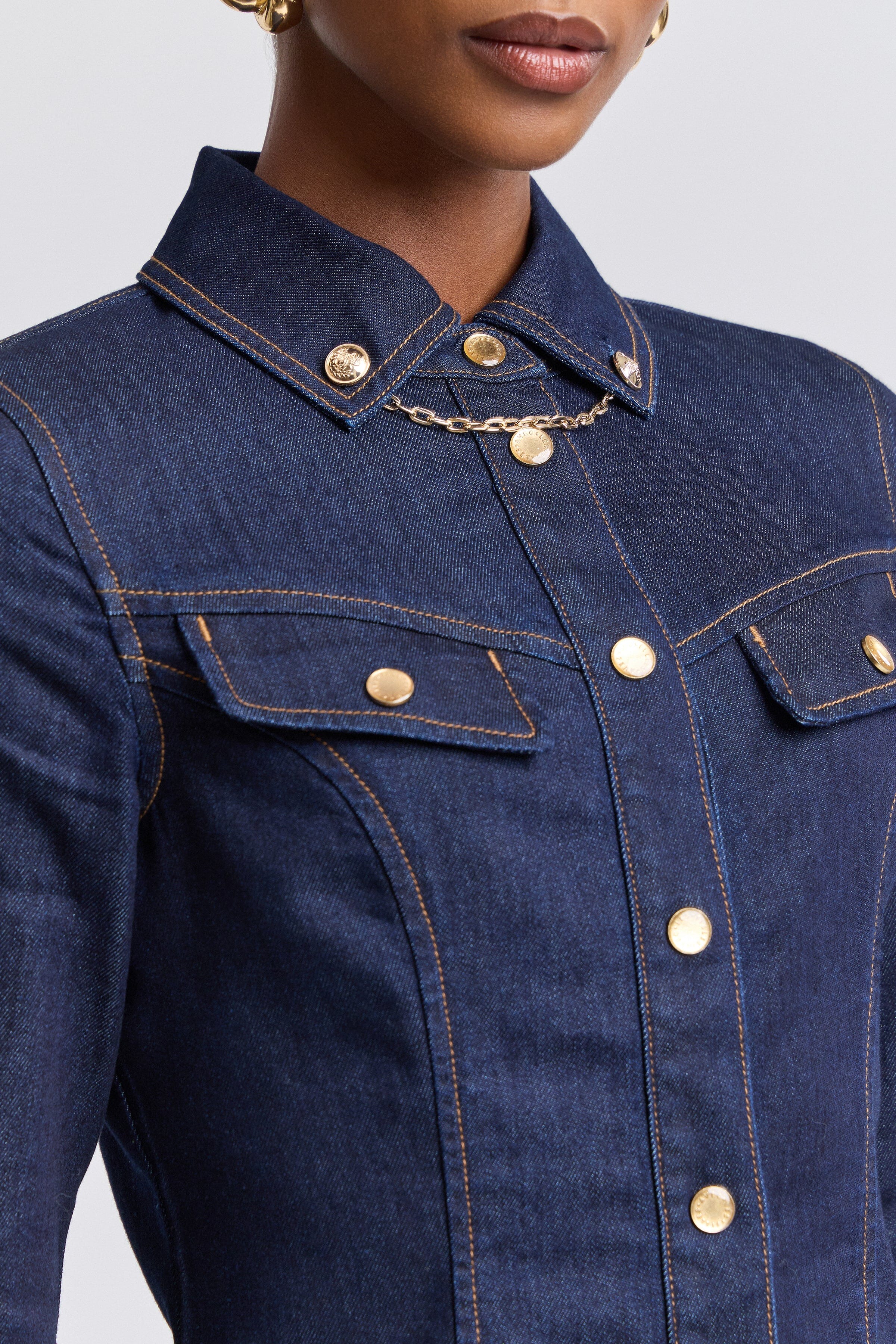 Button down denim shirt with snap-front and point collar - Shop designer women's cute shirts by Avec Les Filles.