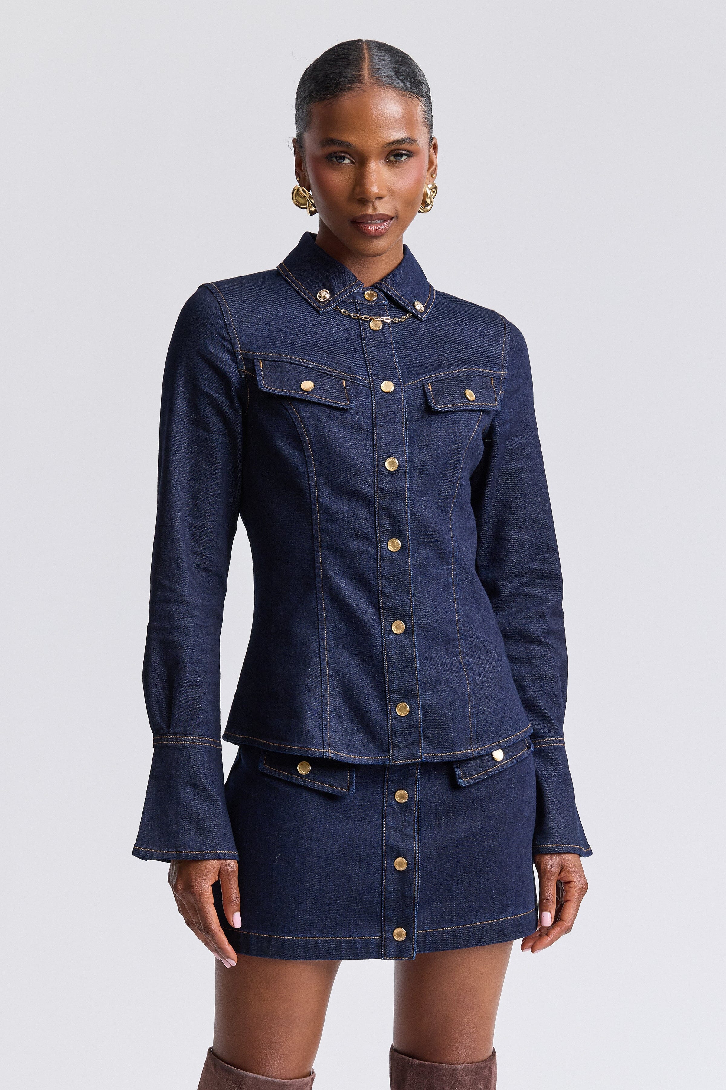 Denim long sleeve button down shirt with snap-front and point collar - Shop women's cute shirts by Avec Les Filles.