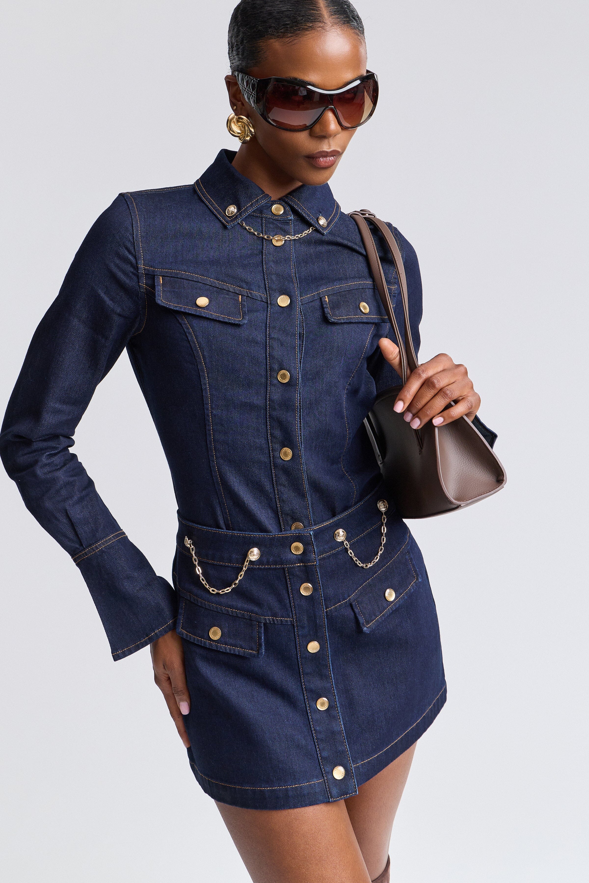 Denim long sleeve shirt with snap-front and point collar - Shop designer women's cute shirts by Avec Les Filles.
