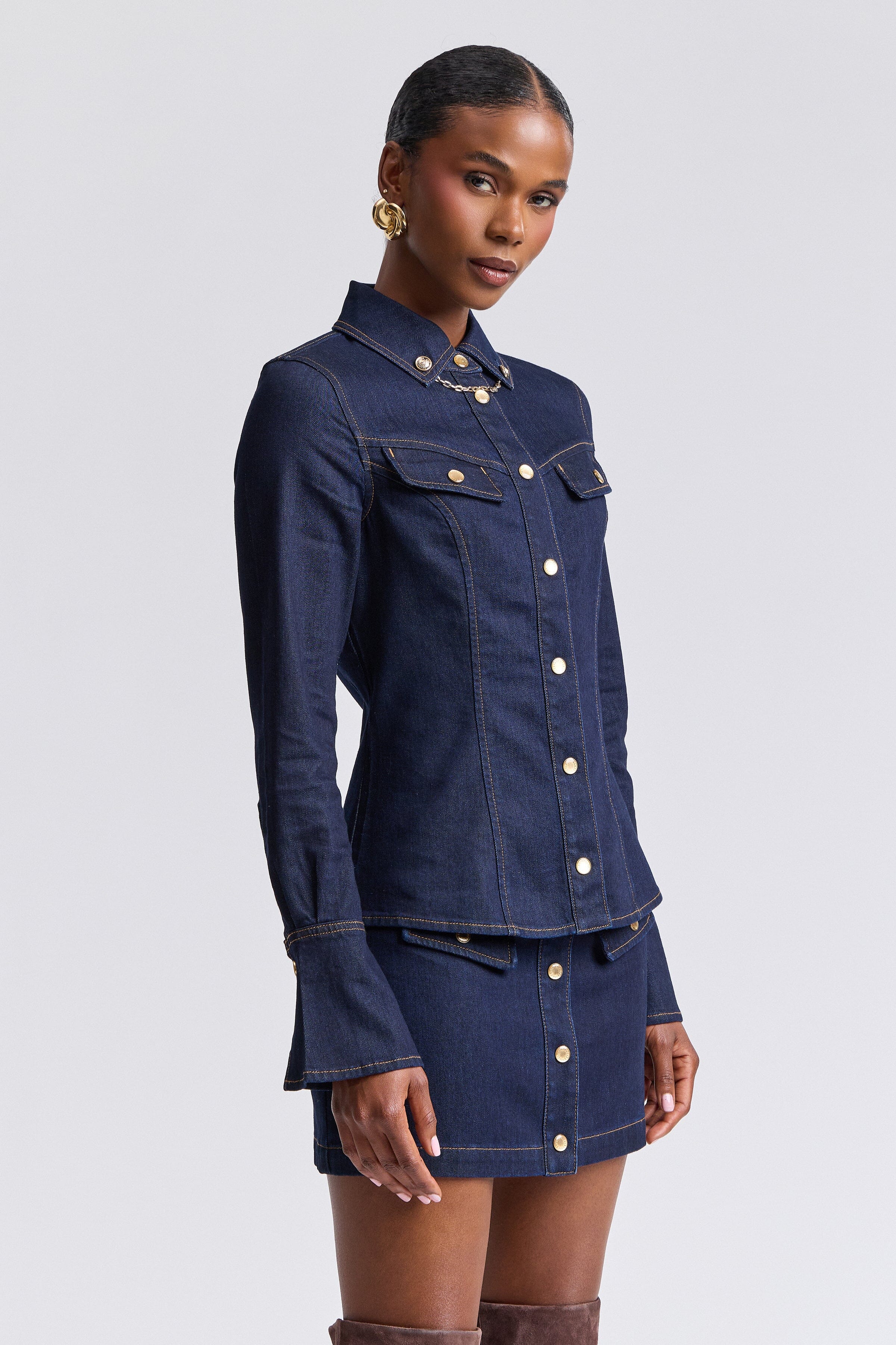 Denim button down long jean shirt with snap-front and point collar - Shop women's cute shirts by Avec Les Filles.