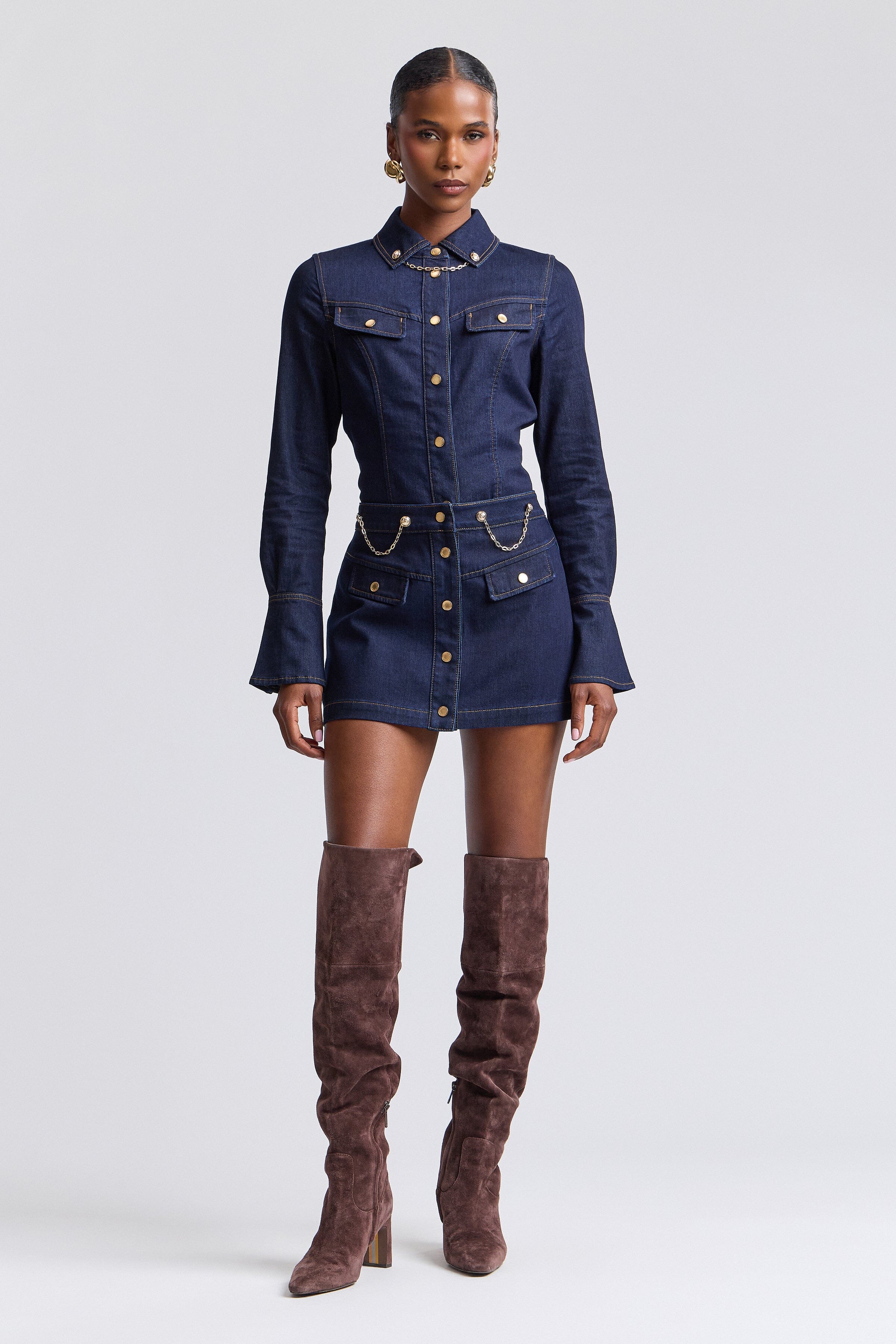 Dark indigo denim mini skirt with high-rise and flap pockets - Shop women's cute denim mini skirts by Avec Les Filles.