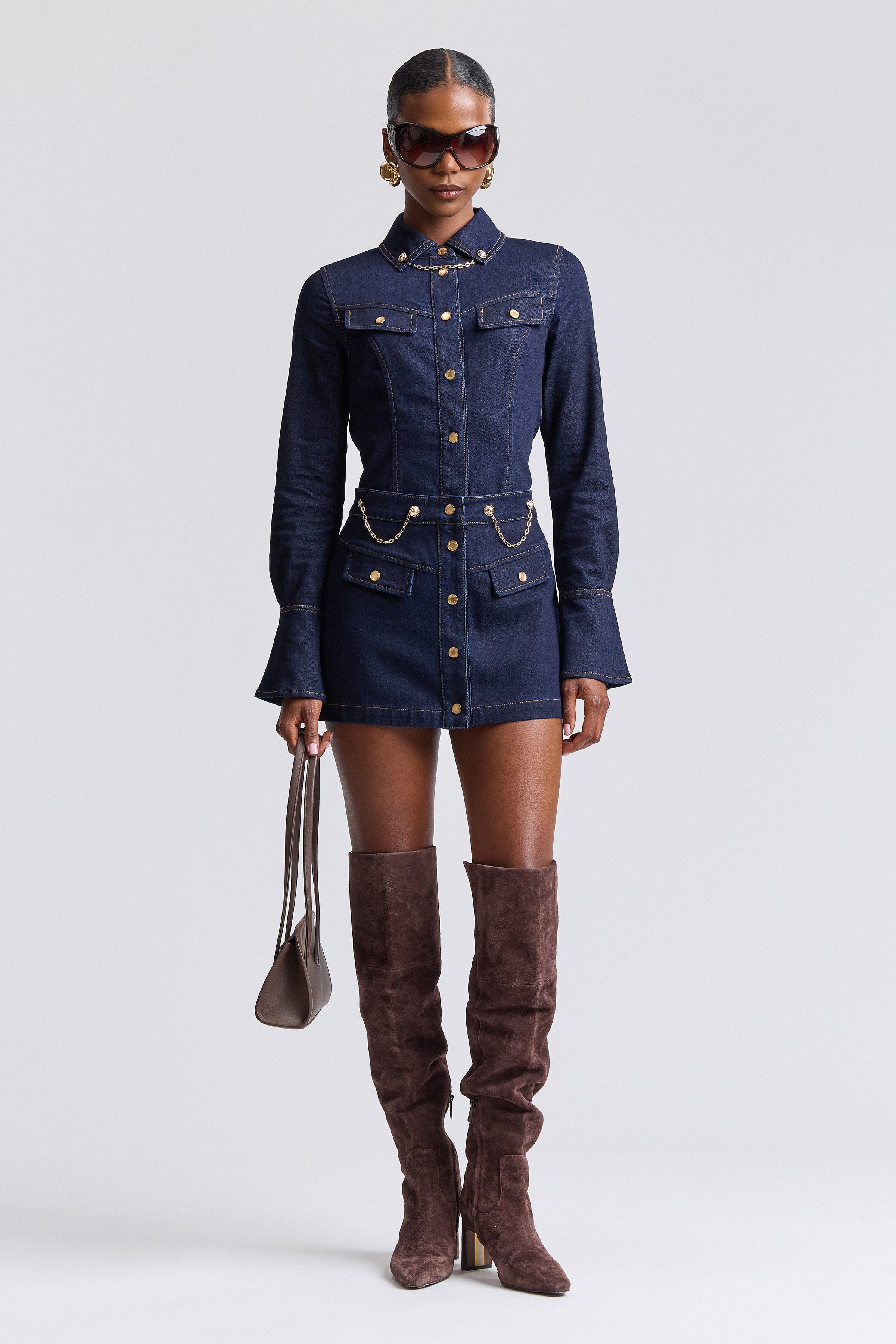 Dark indigo denim mini skirt jeans with high-rise and flap pockets - Shop women's mini skirts by Avec Les Filles.