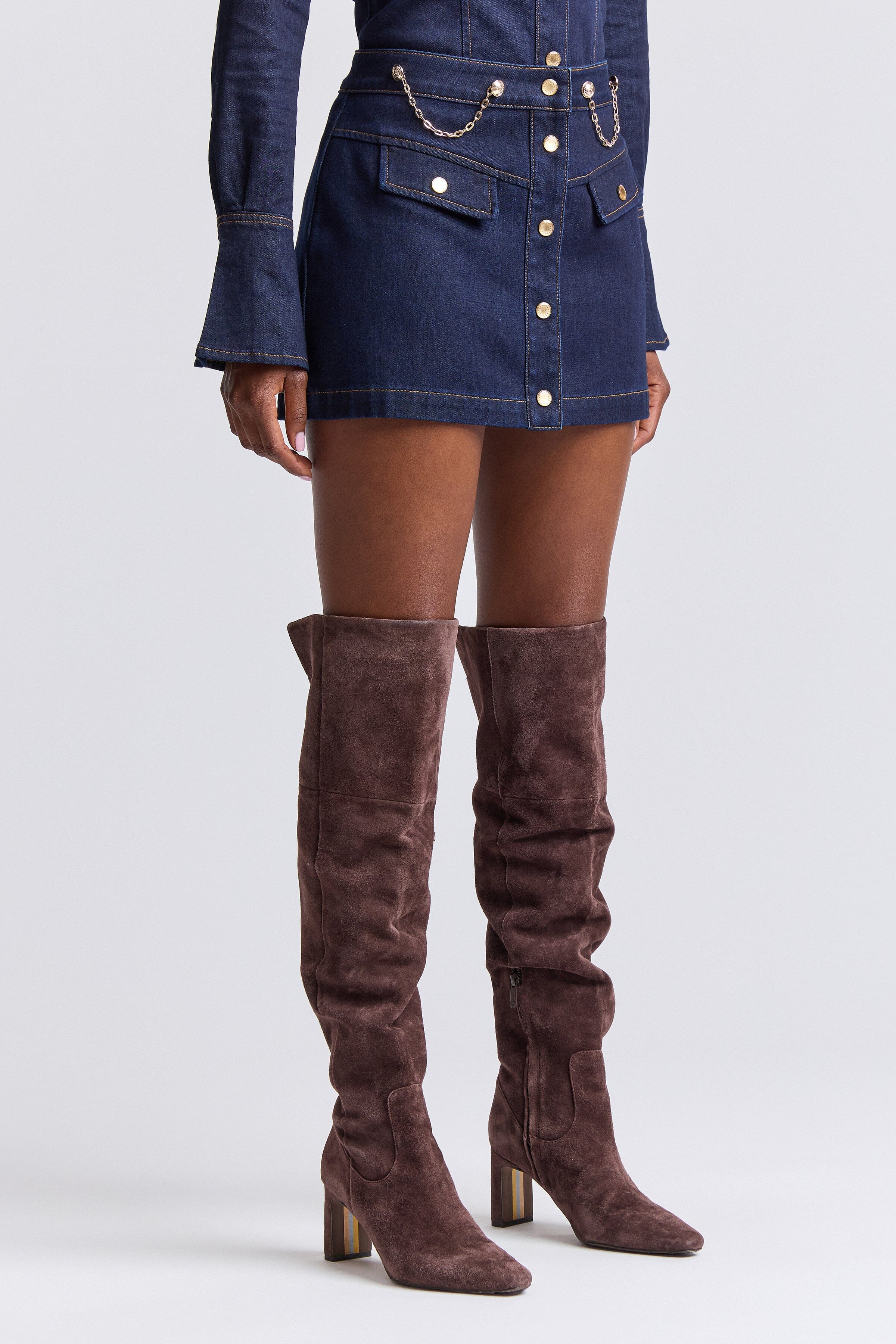Dark indigo denim skirt with chain and high-rise - Shop designer women's cute denim mini skirts by Avec Les Filles.