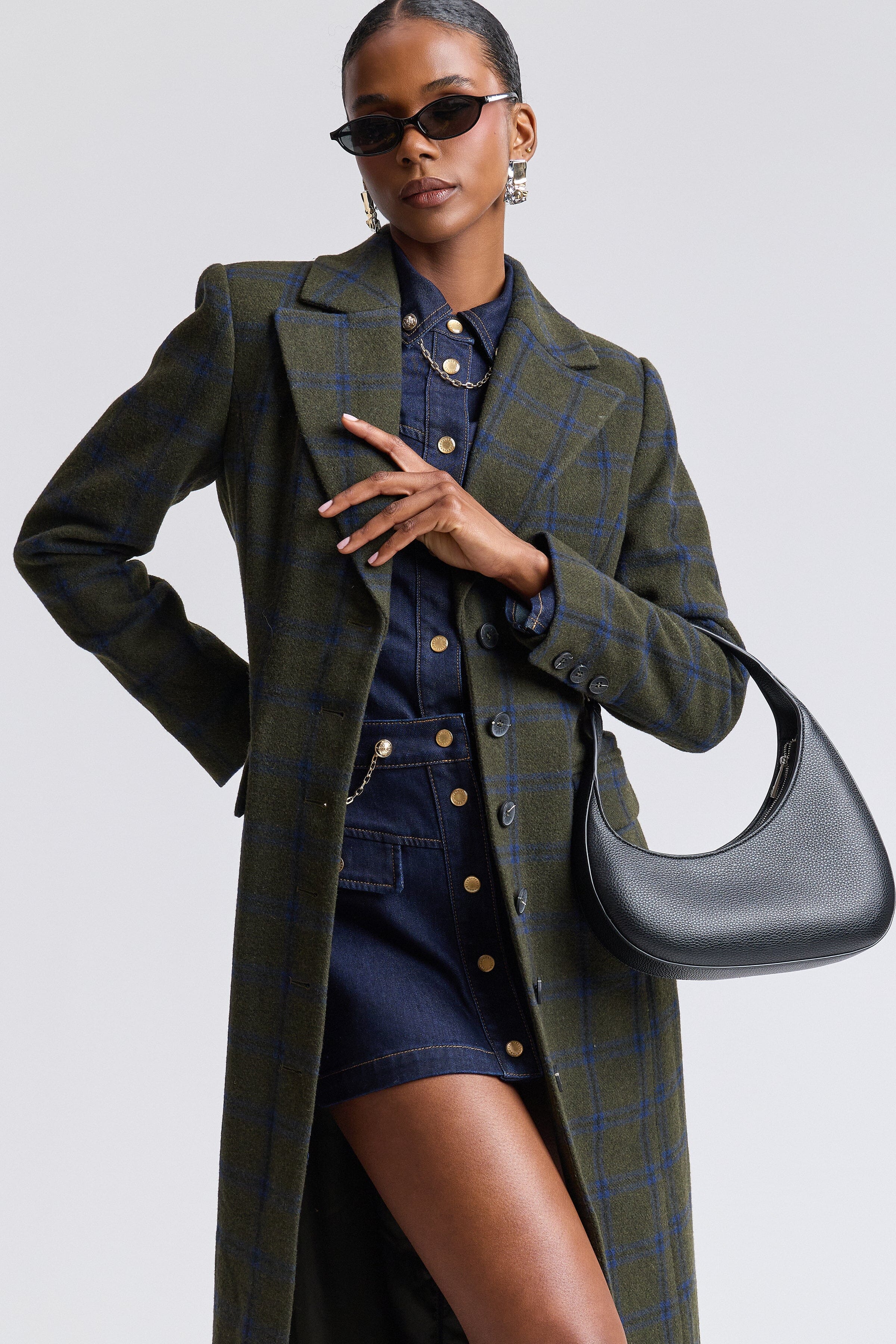 Single-breasted button-front maxi blue and green plaid coat - Shop designer women's plaid coats by Avec Les Filles.