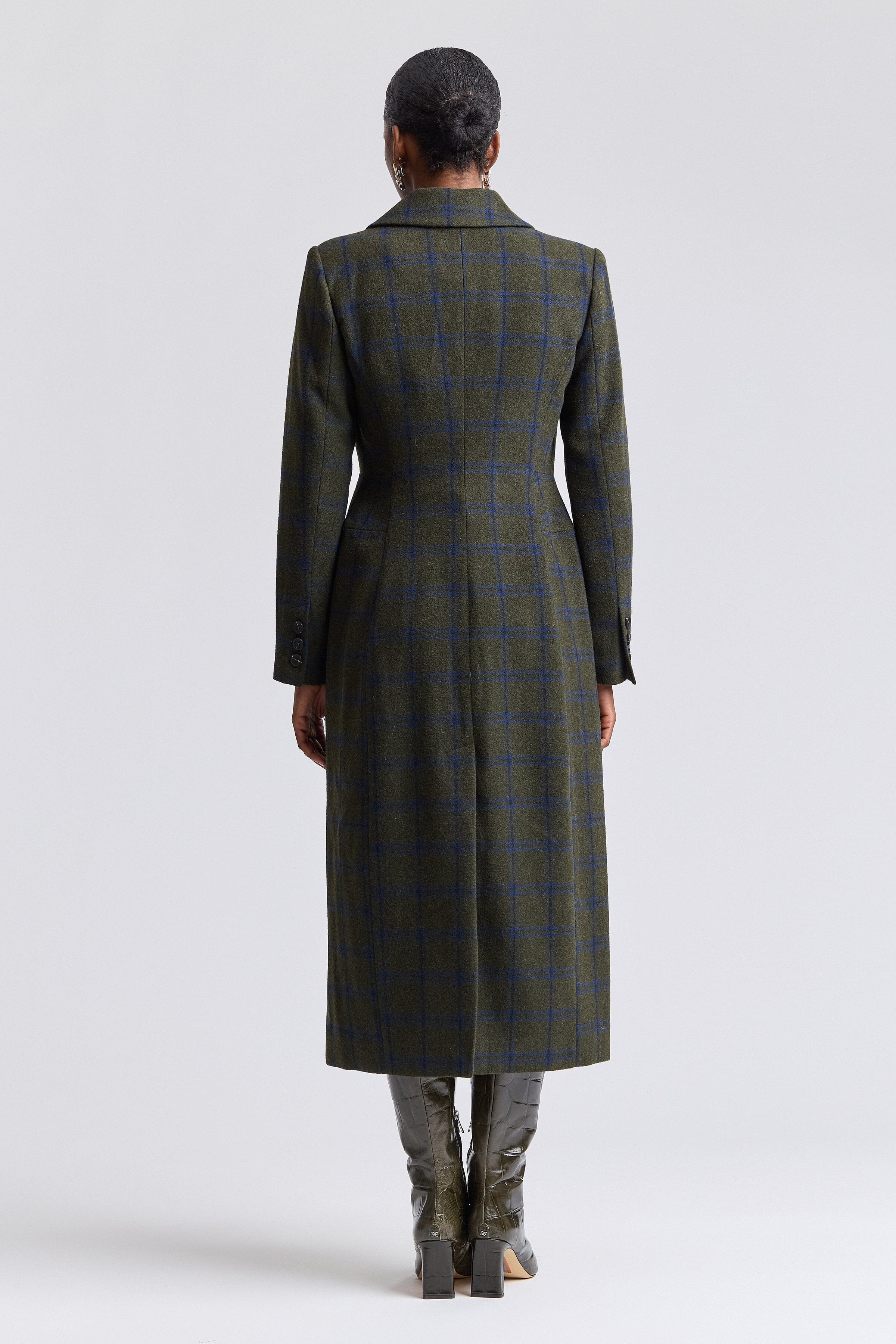 Single-breasted maxi blue green plaid coat with long sleeves - Shop designer women's plaid coats by Avec Les Filles.