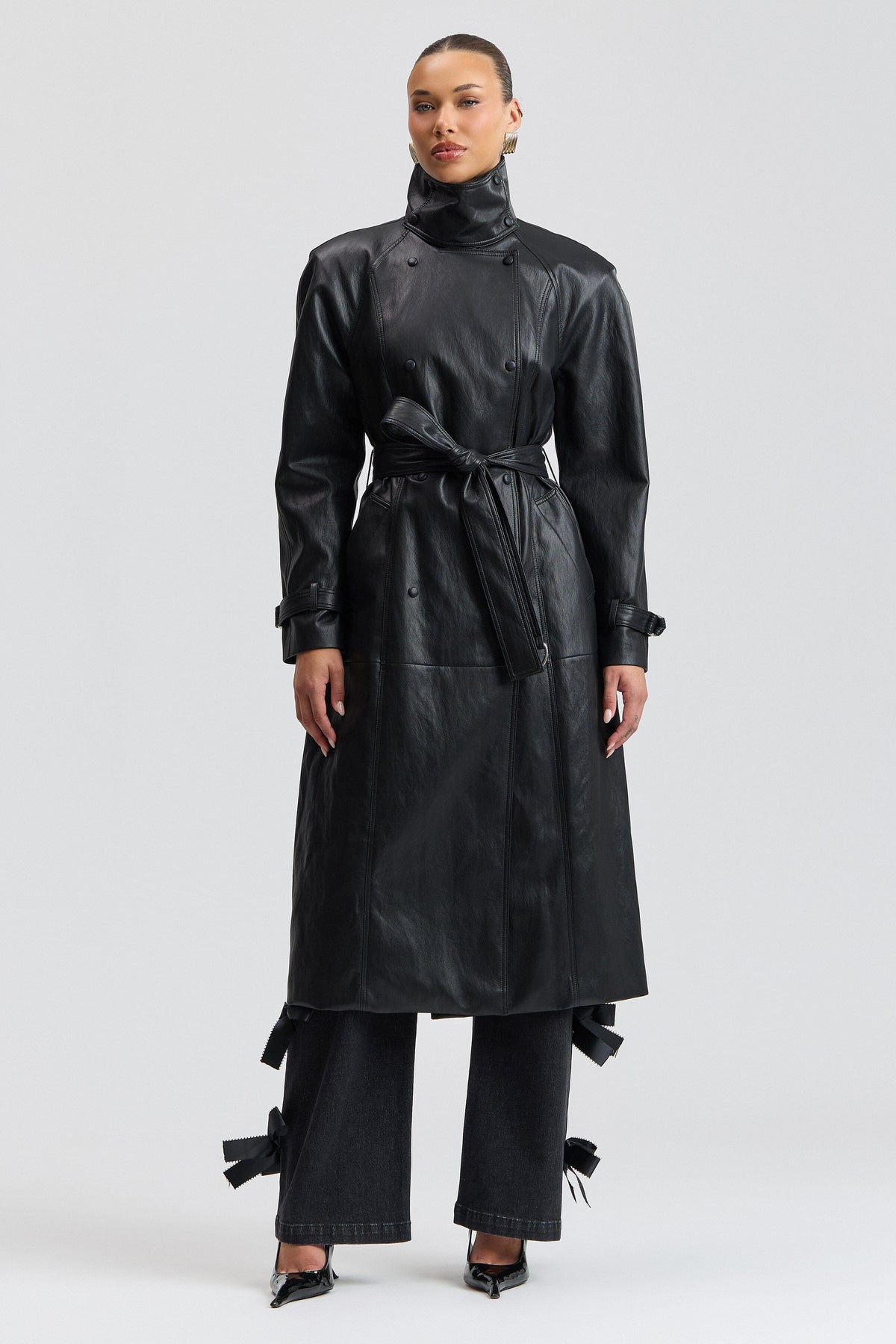 Womens long black leather jacket with a funnel neck and raglan sleeves - Shop women's trench coats by Avec Les Filles.