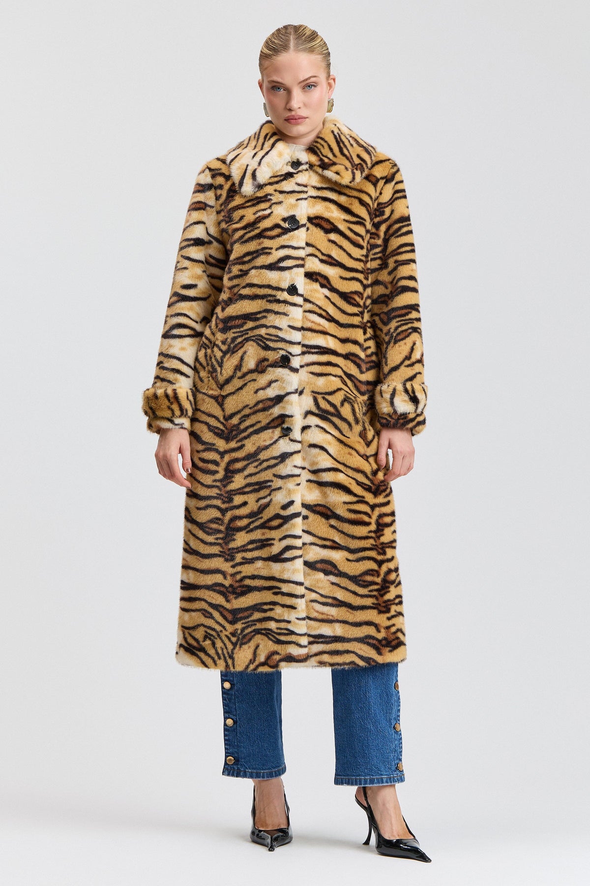 Golden tiger maxi faux fur jacket coat with a button front and an oversized pointed collar by Avec Les Filles.