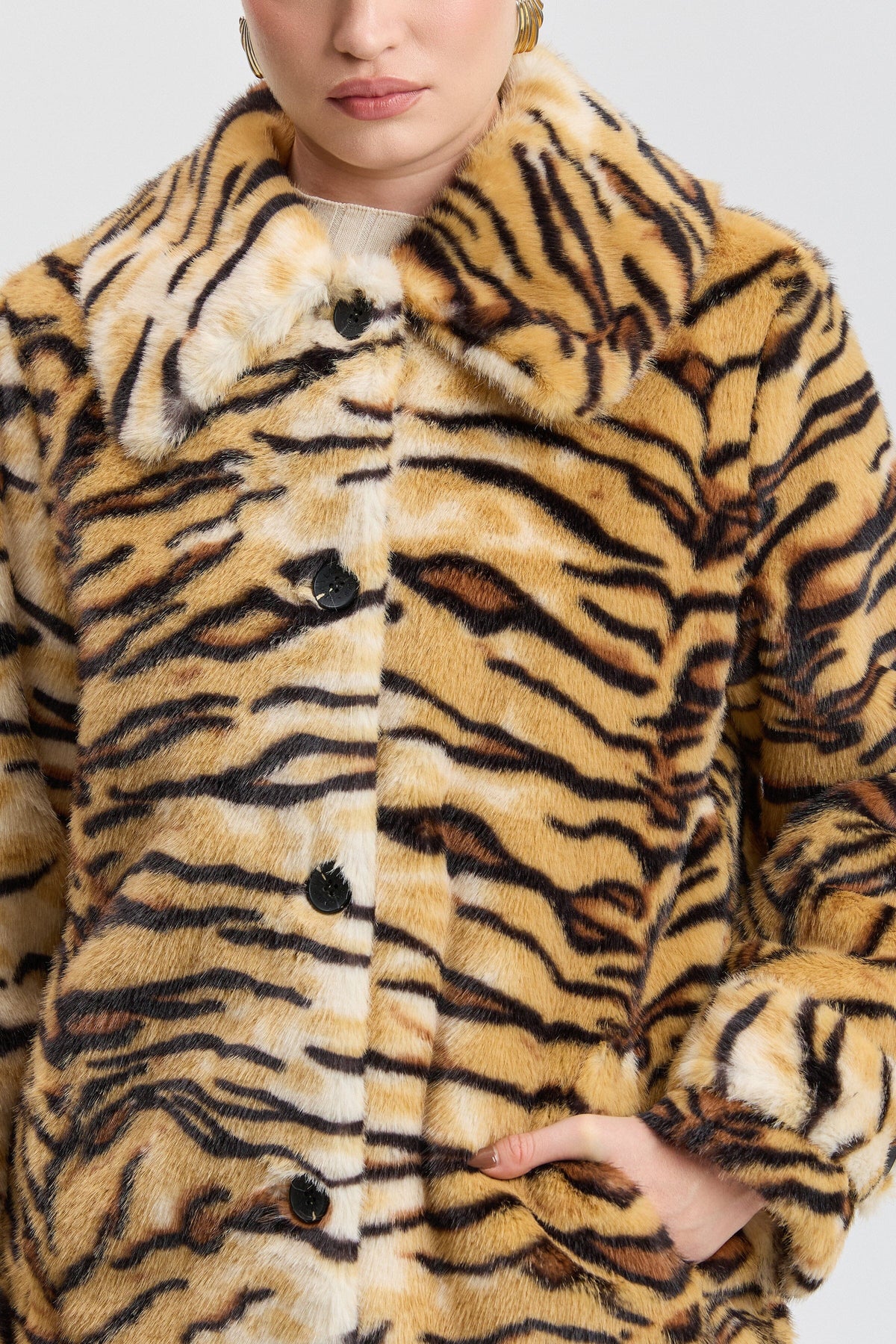 Tiger faux fur jacket coat with button front and pointed collar - Shop designer faux fur jackets by Avec Les Filles.