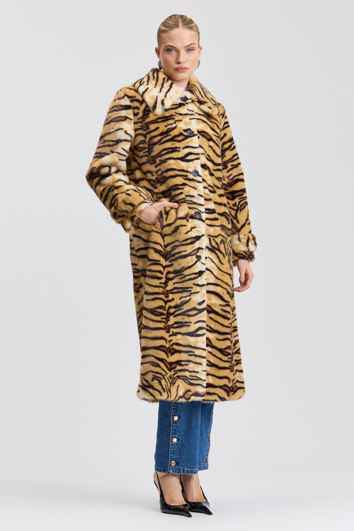 Golden tiger maxi faux fur jacket coat with a button front - Shop women's cute faux fur jackets by Avec Les Filles.
