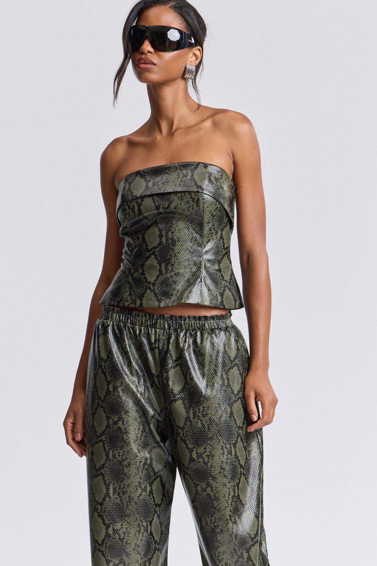 Olive green faux leather top with a wide foldover neck - Shop designer women's tube tops by Avec Les Filles.