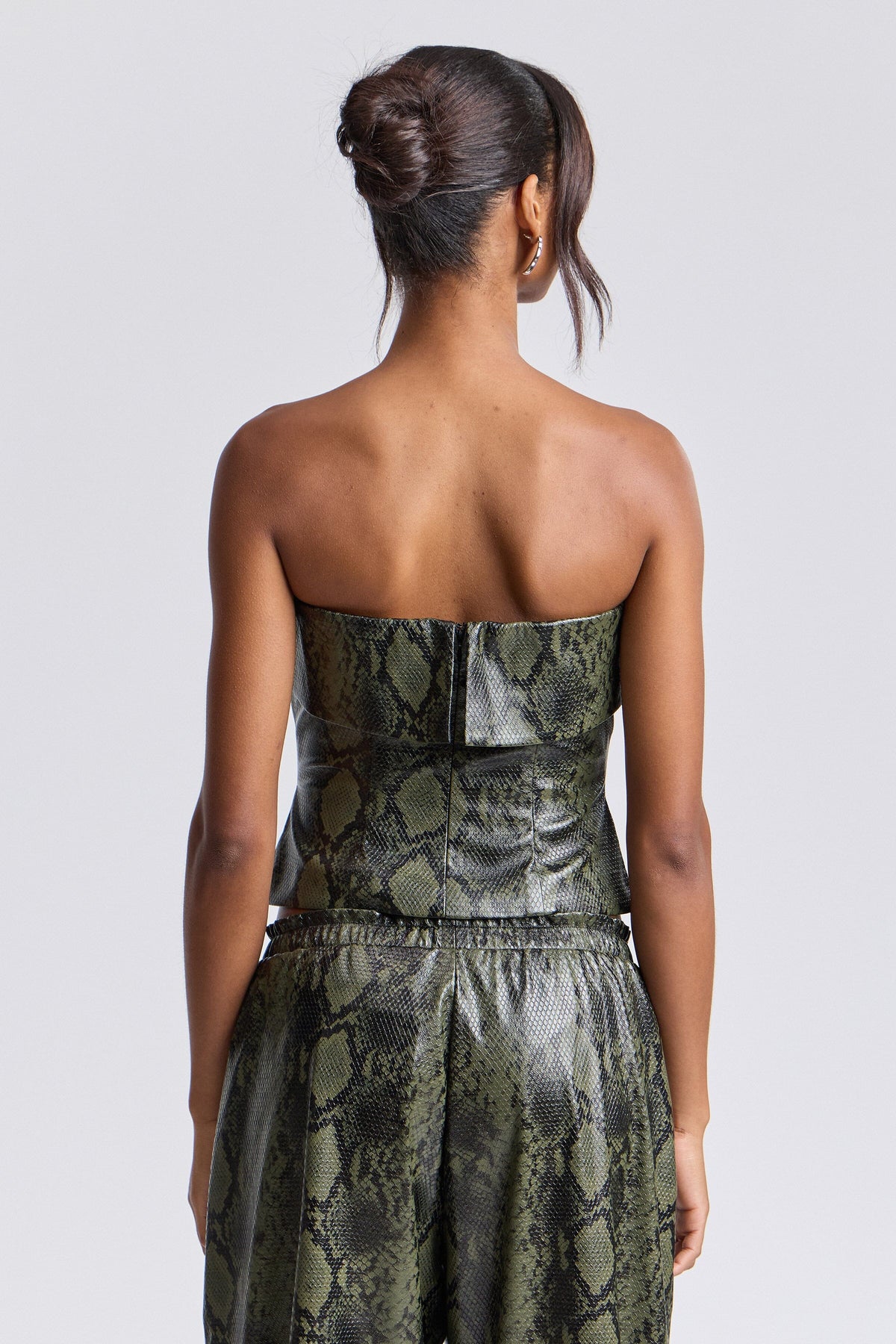 Olive green faux leather fitted tube top with a wide foldover neck - Shop designer tube tops by Avec Les Filles.