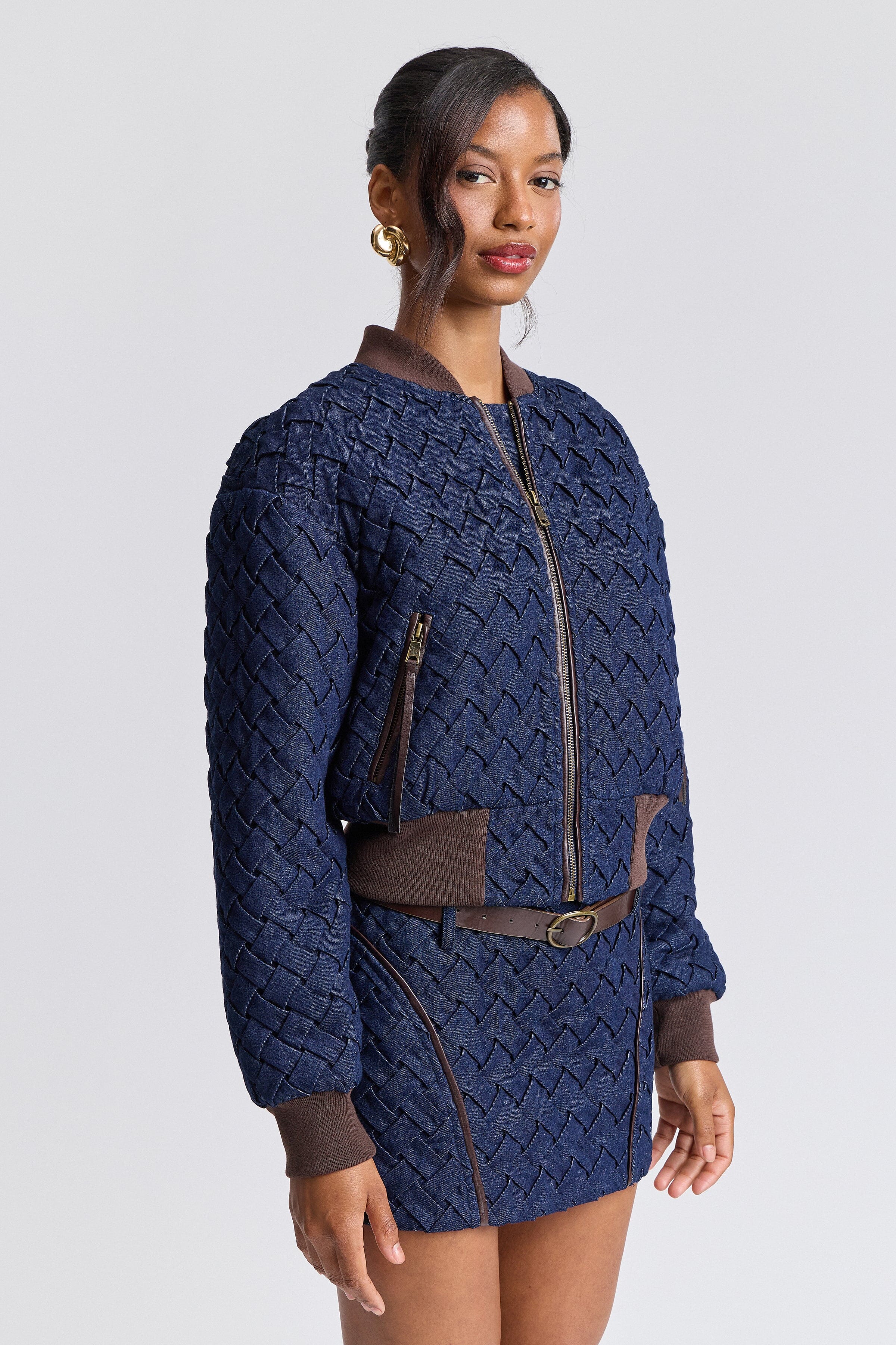 Woven indigo blue denim bomber jacket womens​ with zip-front and long sleeves - Shop cute jackets by Avec Les Filles. 