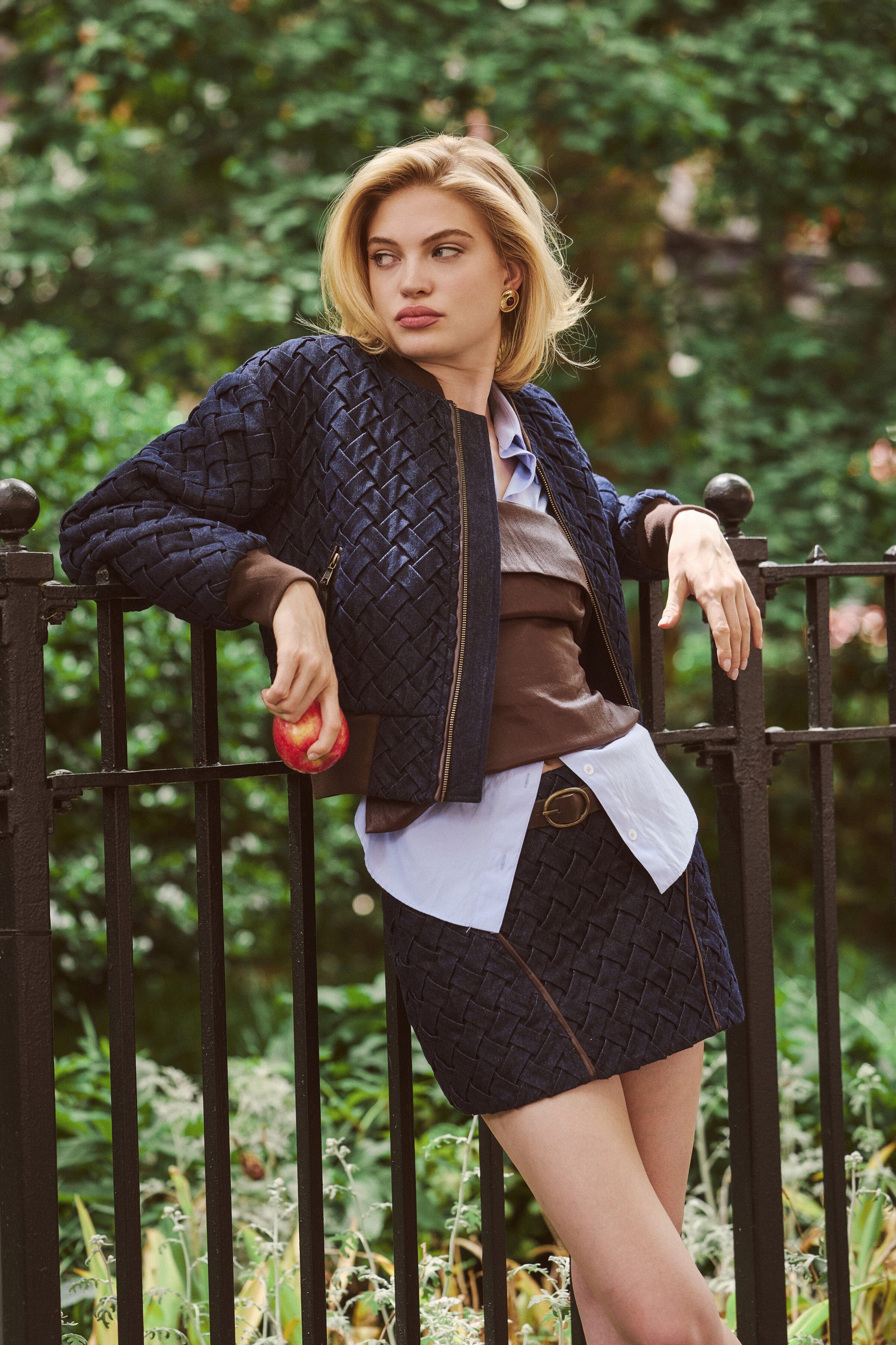 Dark brown faux leather tube top with navy blue denim bomber jacket​ - Shop women's tops & jackets by Avec Les Filles.
