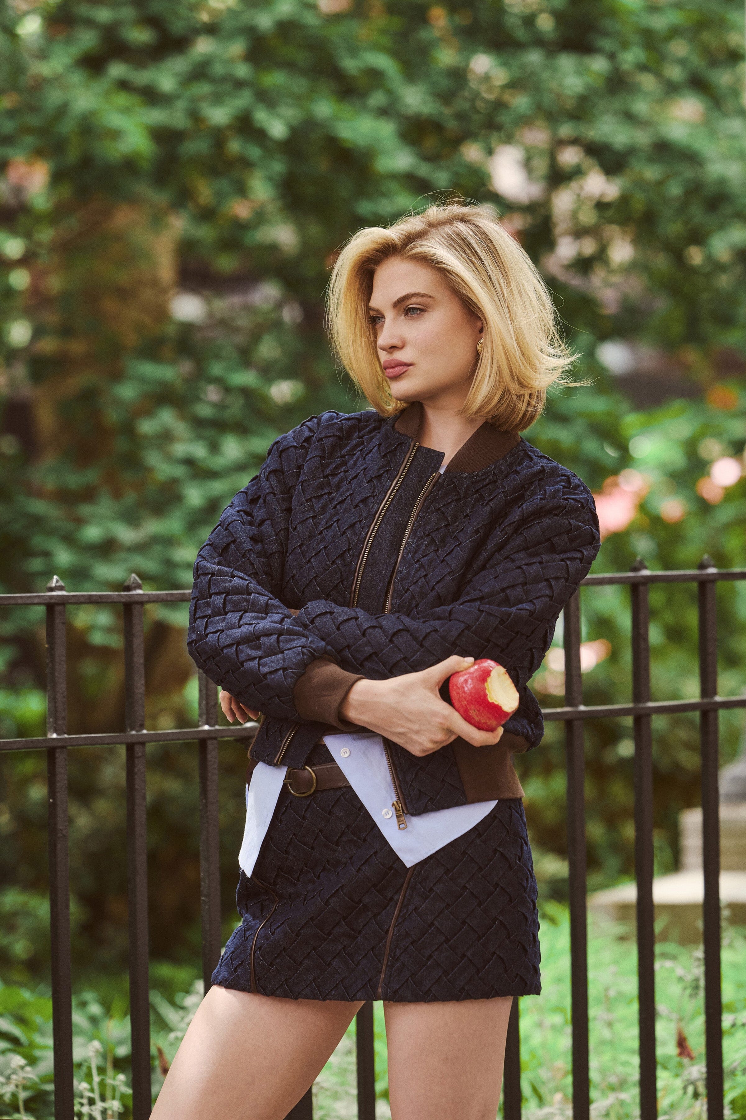 Indigo blue denim bomber jacket with long blouson sleeves - Shop women's bomber jackets by Avec Les Filles. 