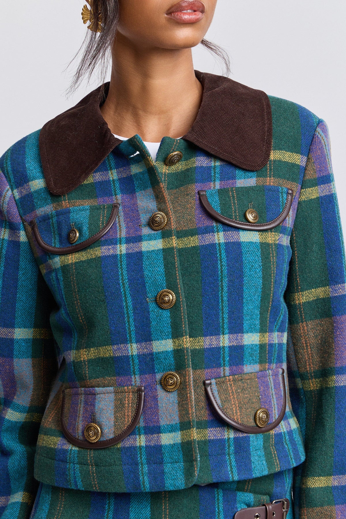 Slim four-pocket green multi plaid coat wool with a button front and corduroy spread collar by Avec Les Filles.