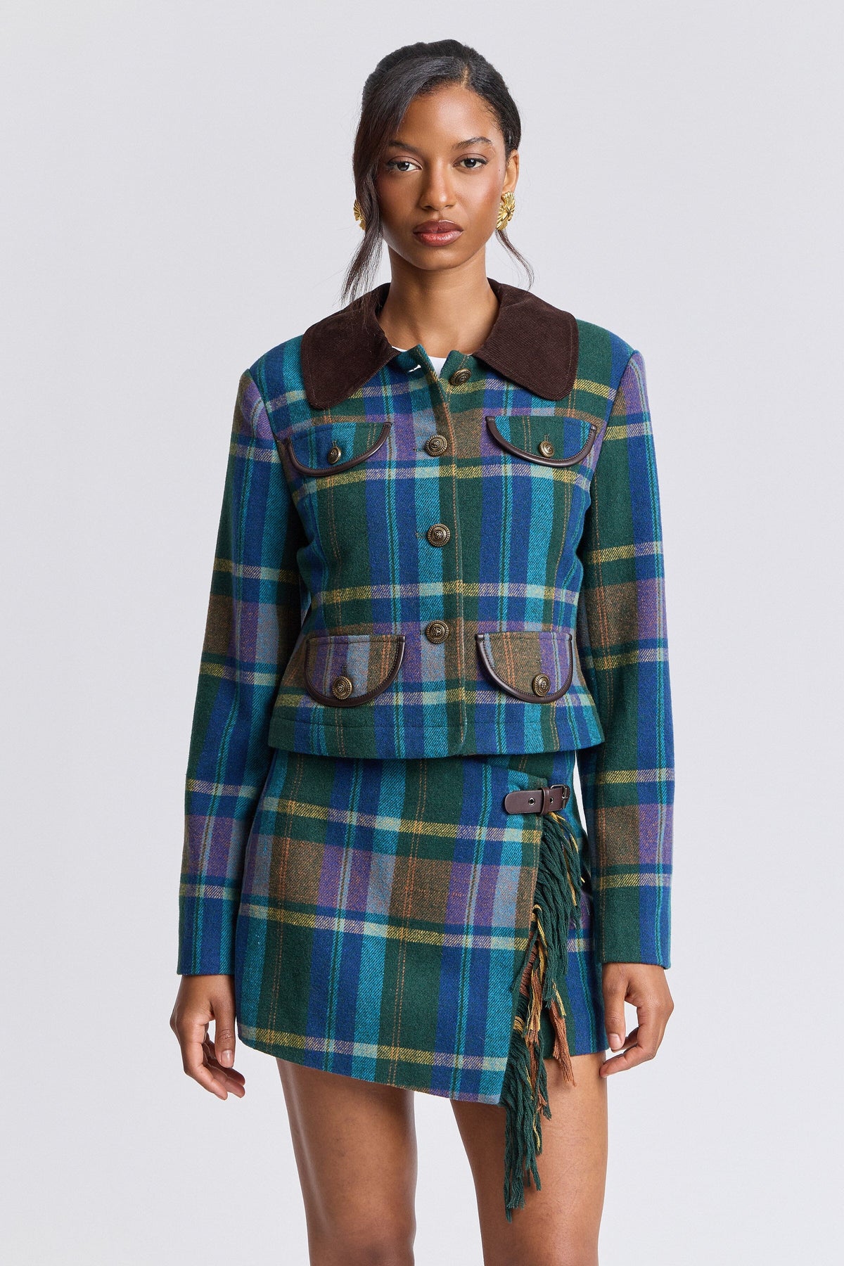 Slim four-pocket green multi plaid wool coat with a button front - Shop women's cute plaid jackets by Avec Les Filles.