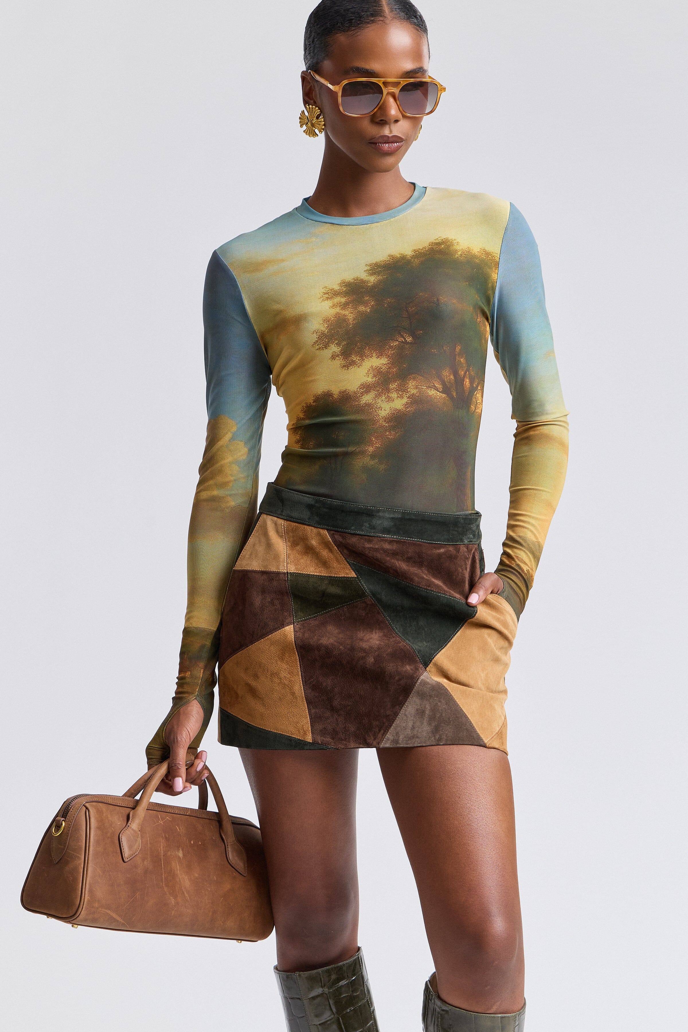 Multicolor womens suede skirt with front pockets and fitted waist - Shop designer mini skirts by Avec Les Filles.